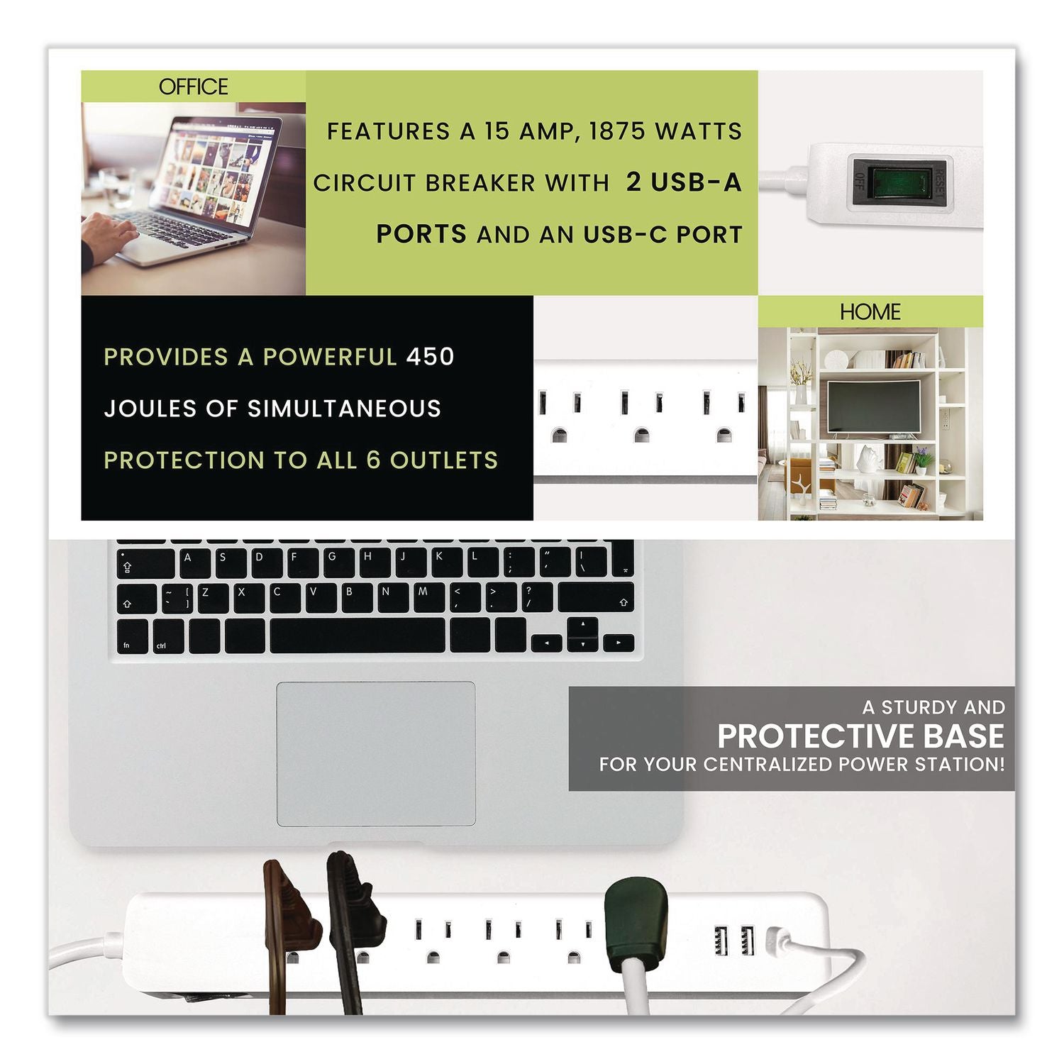 6 Outlet Surge Protector With USB, 6 AC Outlets/3 USB Ports, 6 Ft Cord, 450 J, White