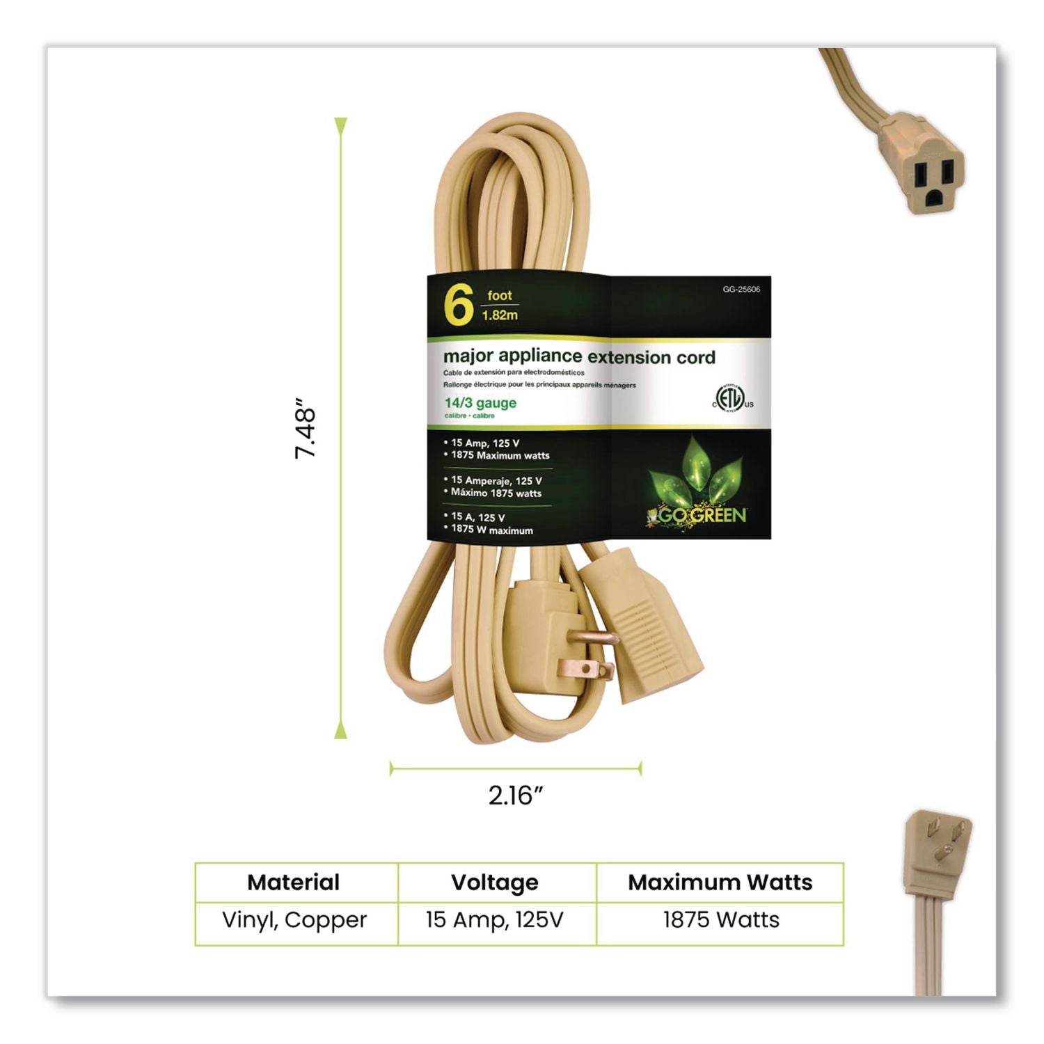 Appliance Cords, 6 Ft, 15 A, Beige