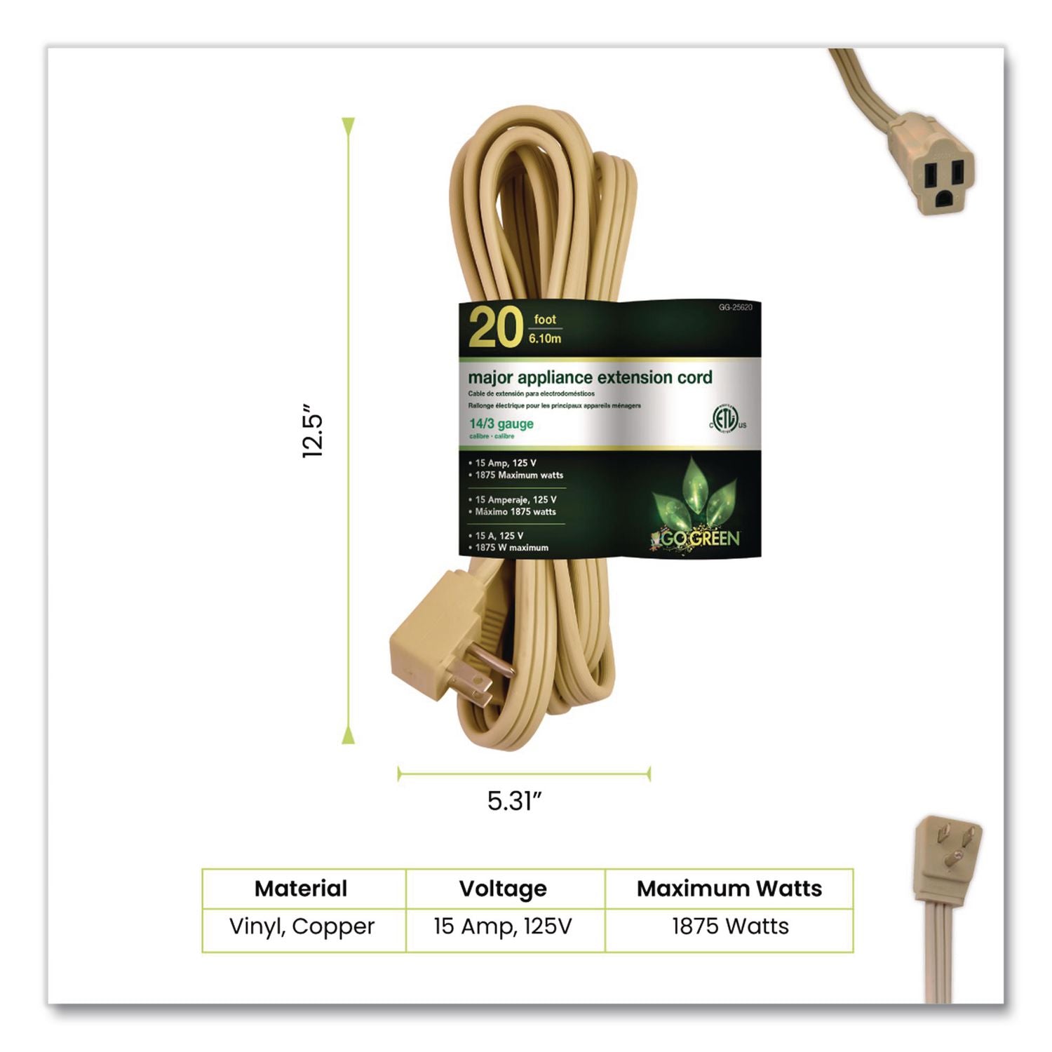 Appliance Cords, 20 Ft, 15 A, Beige