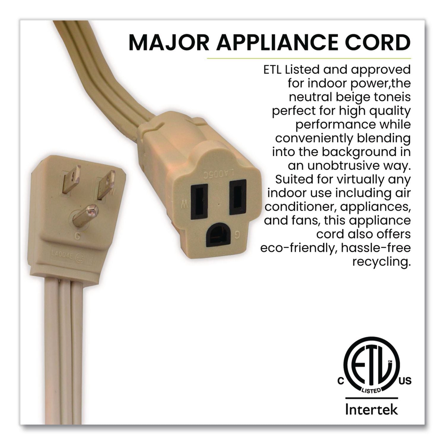 Appliance Cords, 20 Ft, 15 A, Beige