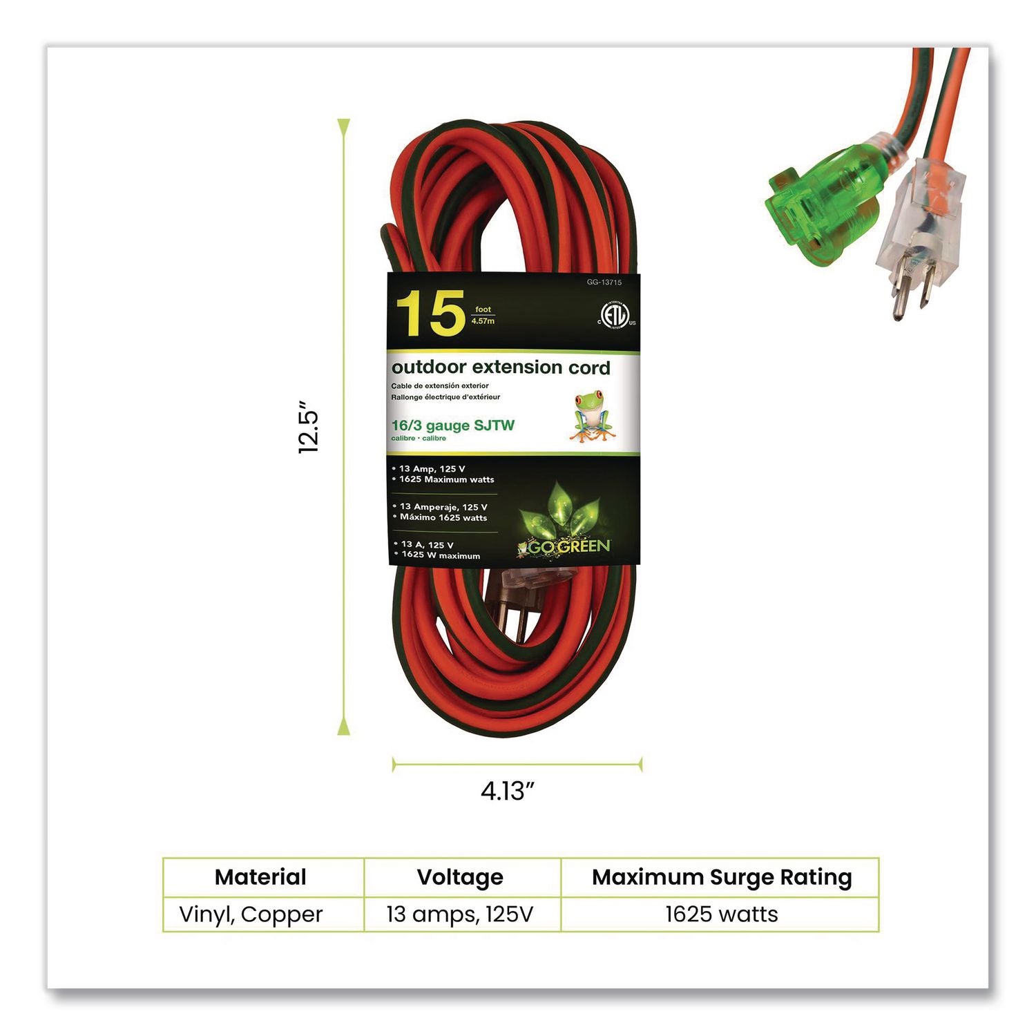 16 AWG Extension Cord Lighted End, 15 Ft, 13 A, Orange