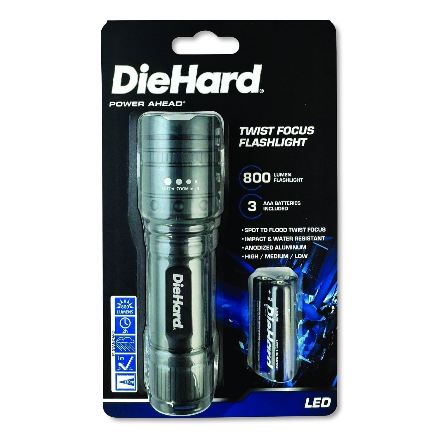 Diehard Twist Focus Aluminum 800 Lumen Flashlight, 3 AAA (Batteries (Included), Gray