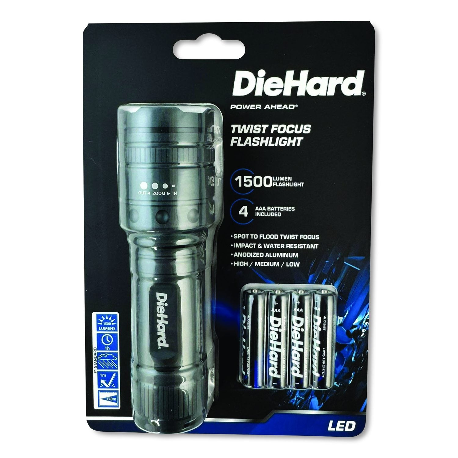 Diehard Twist Focus Aluminum 1, 500 Lumen Flashlight, 4 AAA Batteries (Included), Gray