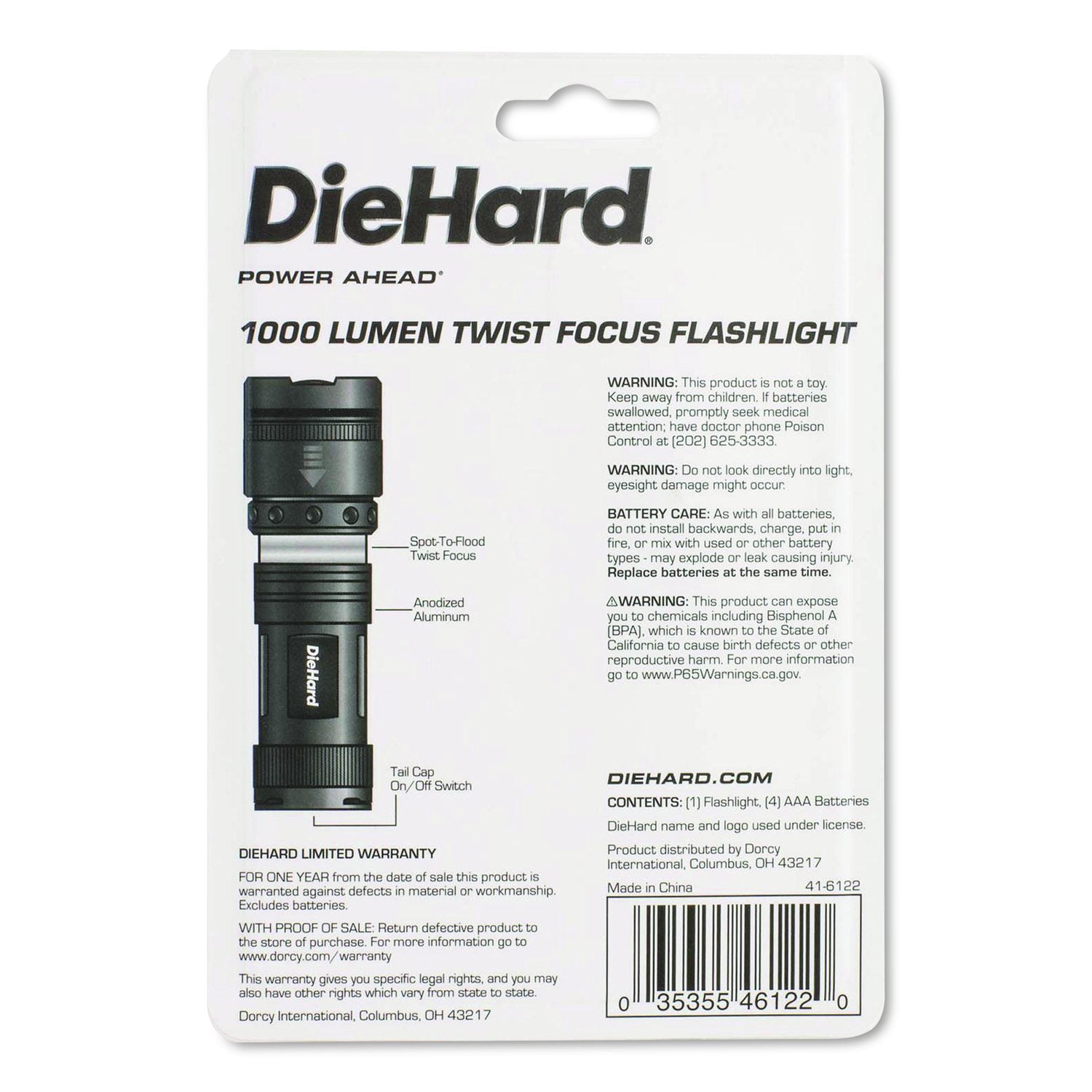 Diehard Twist Focus Aluminum 1, 500 Lumen Flashlight, 4 AAA Batteries (Included), Gray