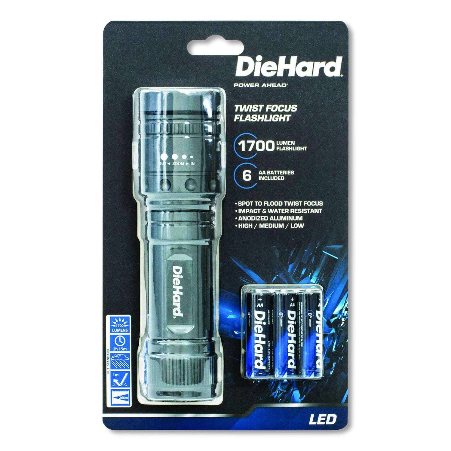 Diehard Twist Focus Aluminum 1, 700 Lumen Flashlight, 6 AA Batteries (Included), Gray