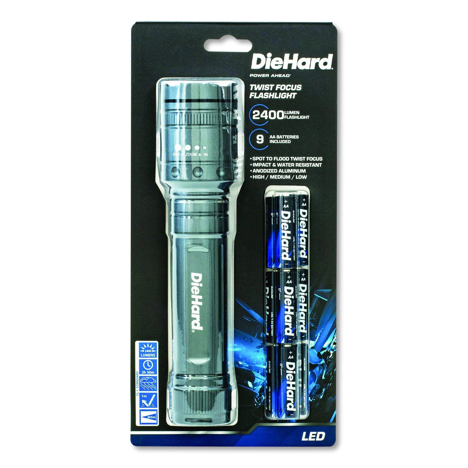 Diehard Twist Focus 3, 000 Lumen Aluminum Flashlight, 9 AA Batteries (Included), Gray
