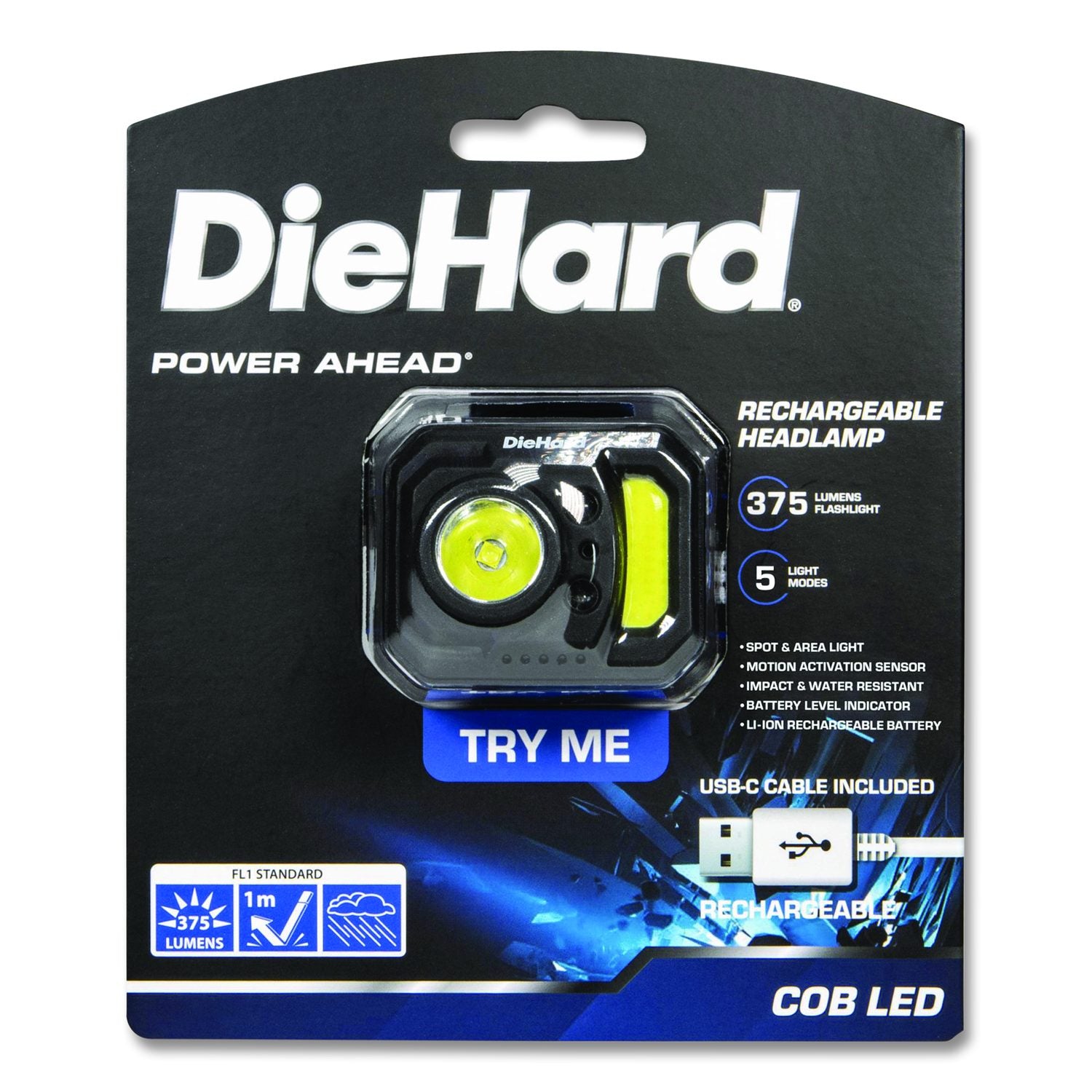 Diehard USB-C Rechargeable Motion Sensor Headlamp, Rechargeable Lithium Ion Battery (Included), Black