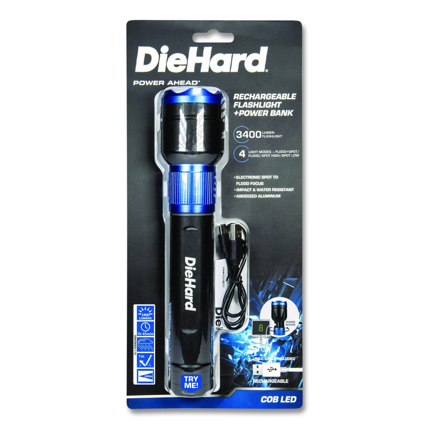 Diehard USB-C Rechargeable Aluminum Flashlight And Power Bank, Black