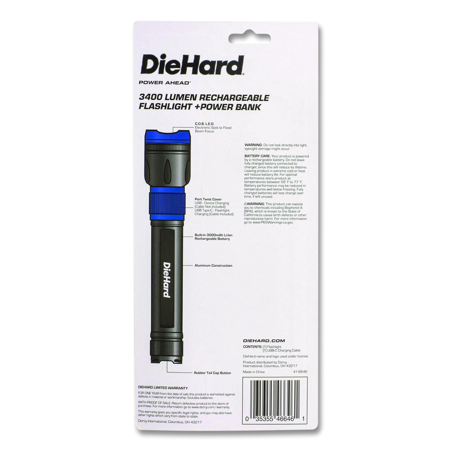 Diehard USB-C Rechargeable Aluminum Flashlight And Power Bank, Black
