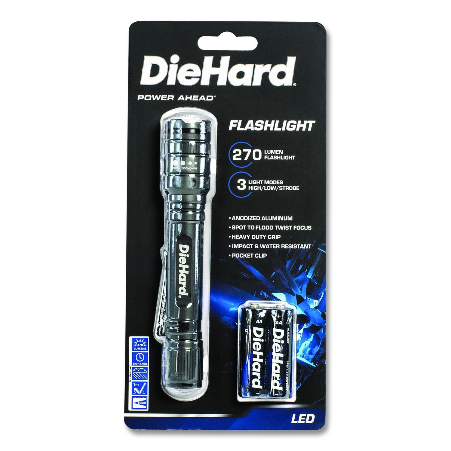 Diehard Aluminum 270 Lumen Twist Focus Flashlight With Pocket Clip, 2 AA Batteries (Included), Black