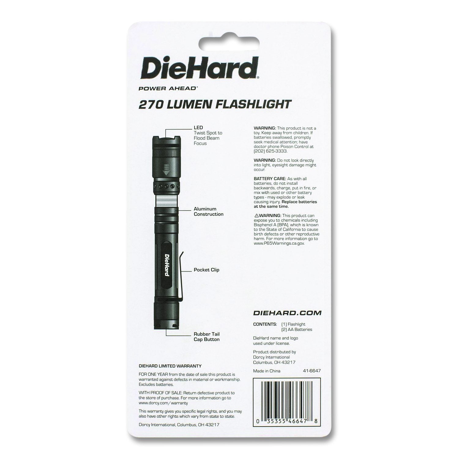 Diehard Aluminum 270 Lumen Twist Focus Flashlight With Pocket Clip, 2 AA Batteries (Included), Black