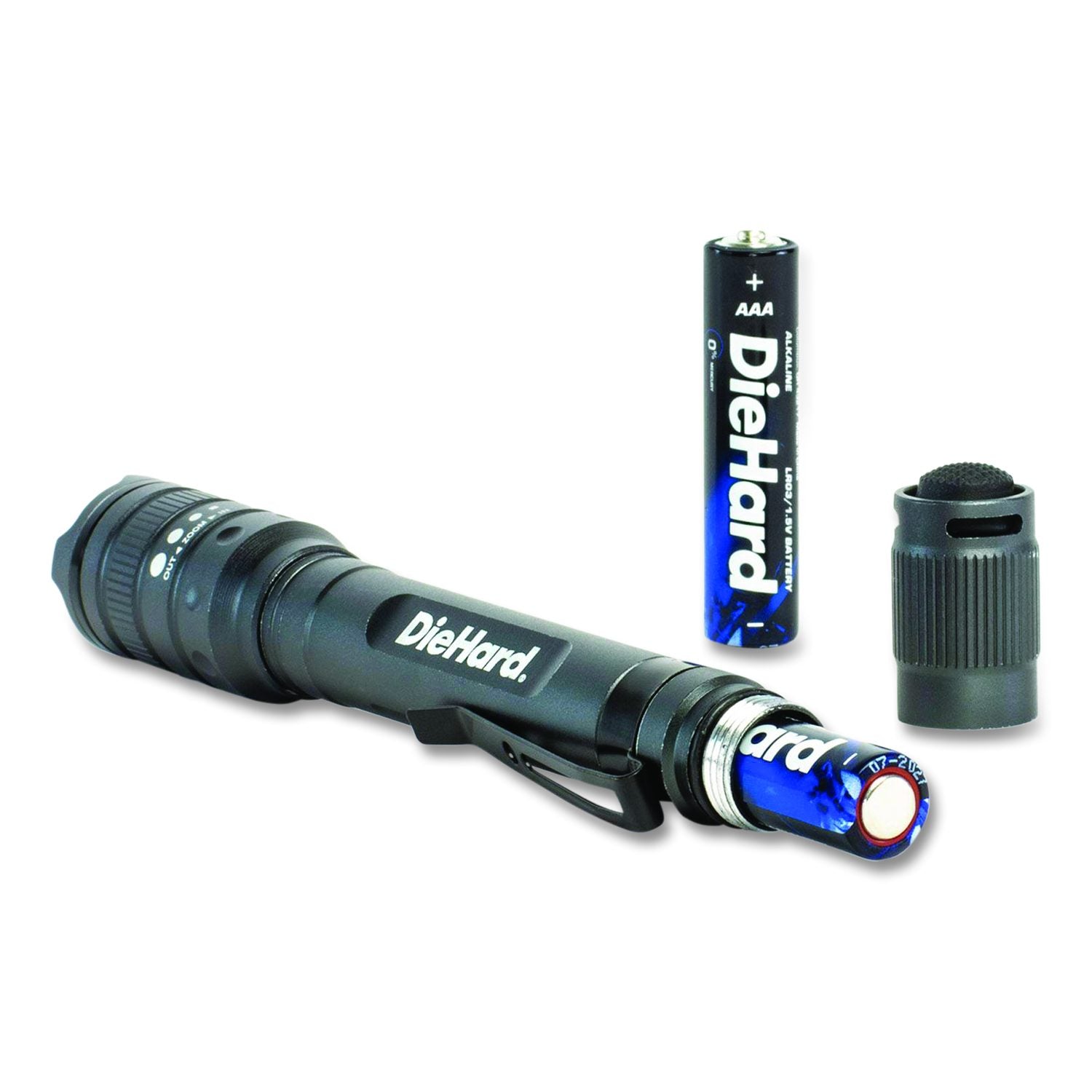 Diehard Aluminum 180 Lumen Twist Focus Flashlight With Pocket Clip, 2 AA Batteries (Included), Black