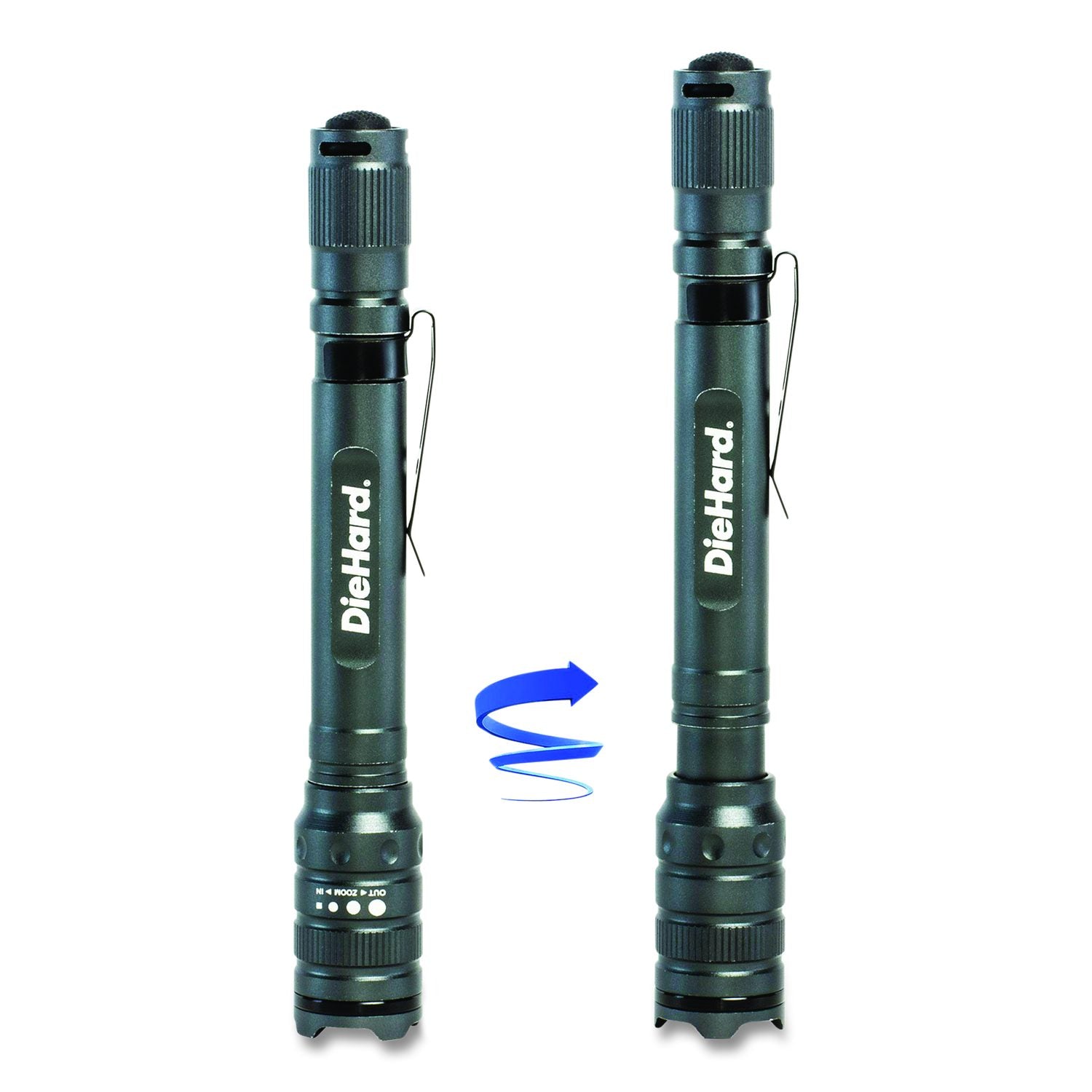 Diehard Aluminum 180 Lumen Twist Focus Flashlight With Pocket Clip, 2 AA Batteries (Included), Black