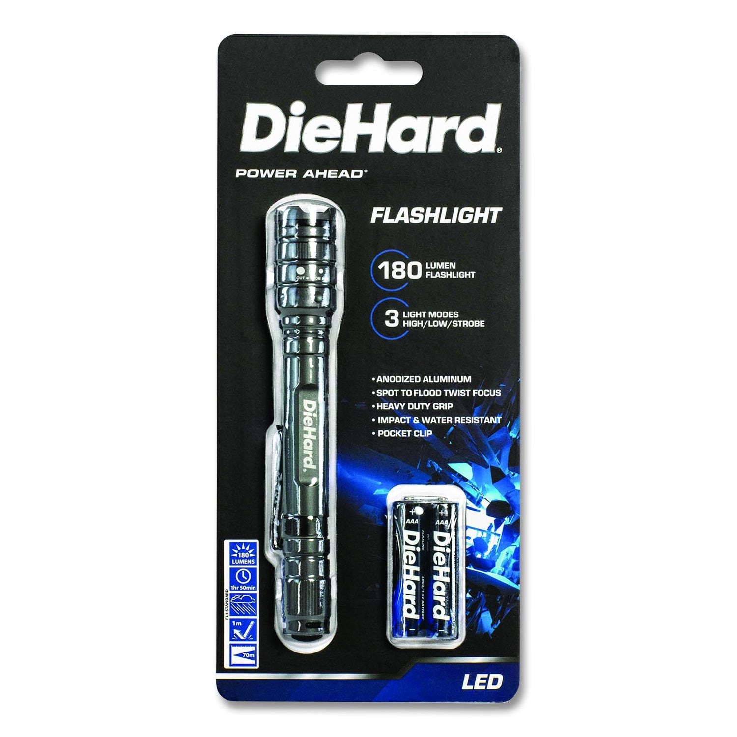 Diehard Aluminum 180 Lumen Twist Focus Flashlight With Pocket Clip, 2 AA Batteries (Included), Black