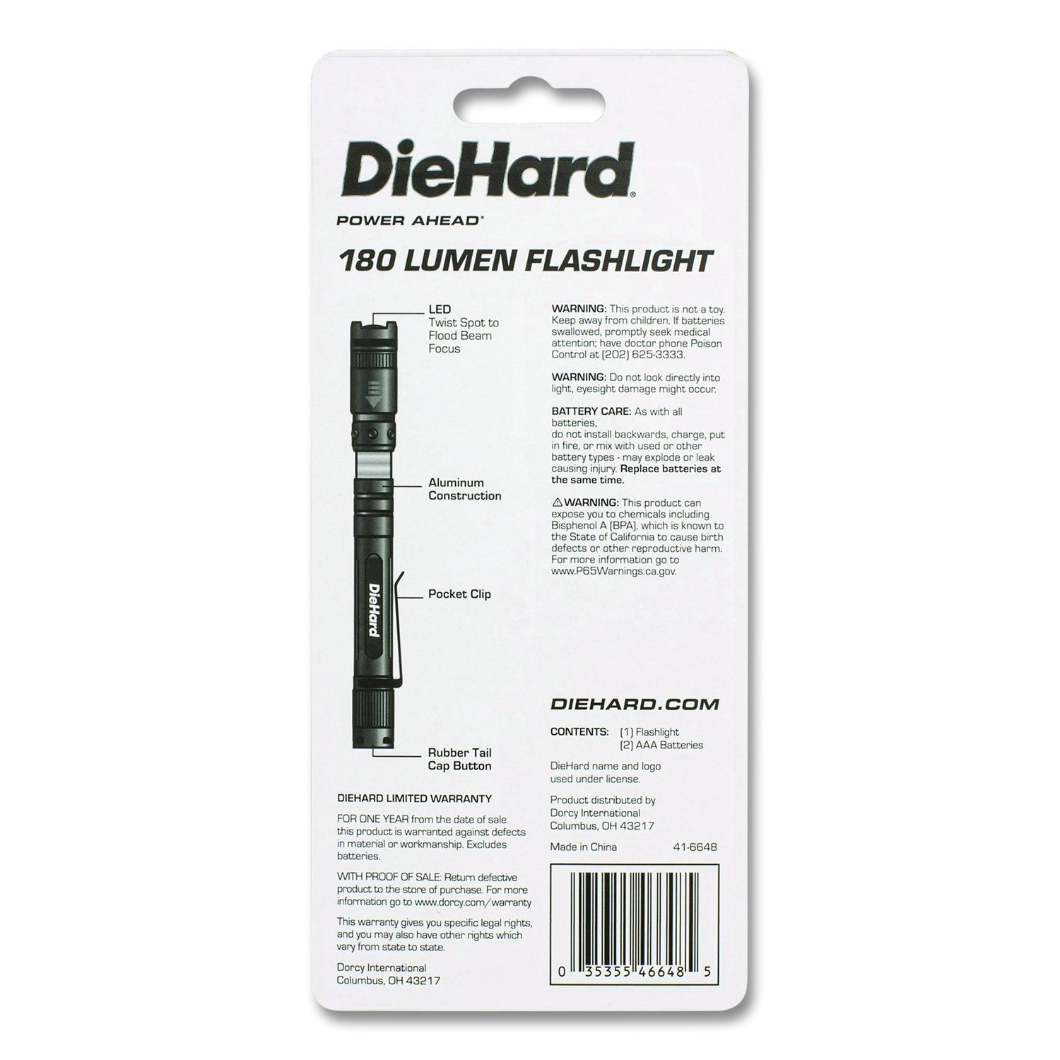 Diehard Aluminum 180 Lumen Twist Focus Flashlight With Pocket Clip, 2 AA Batteries (Included), Black