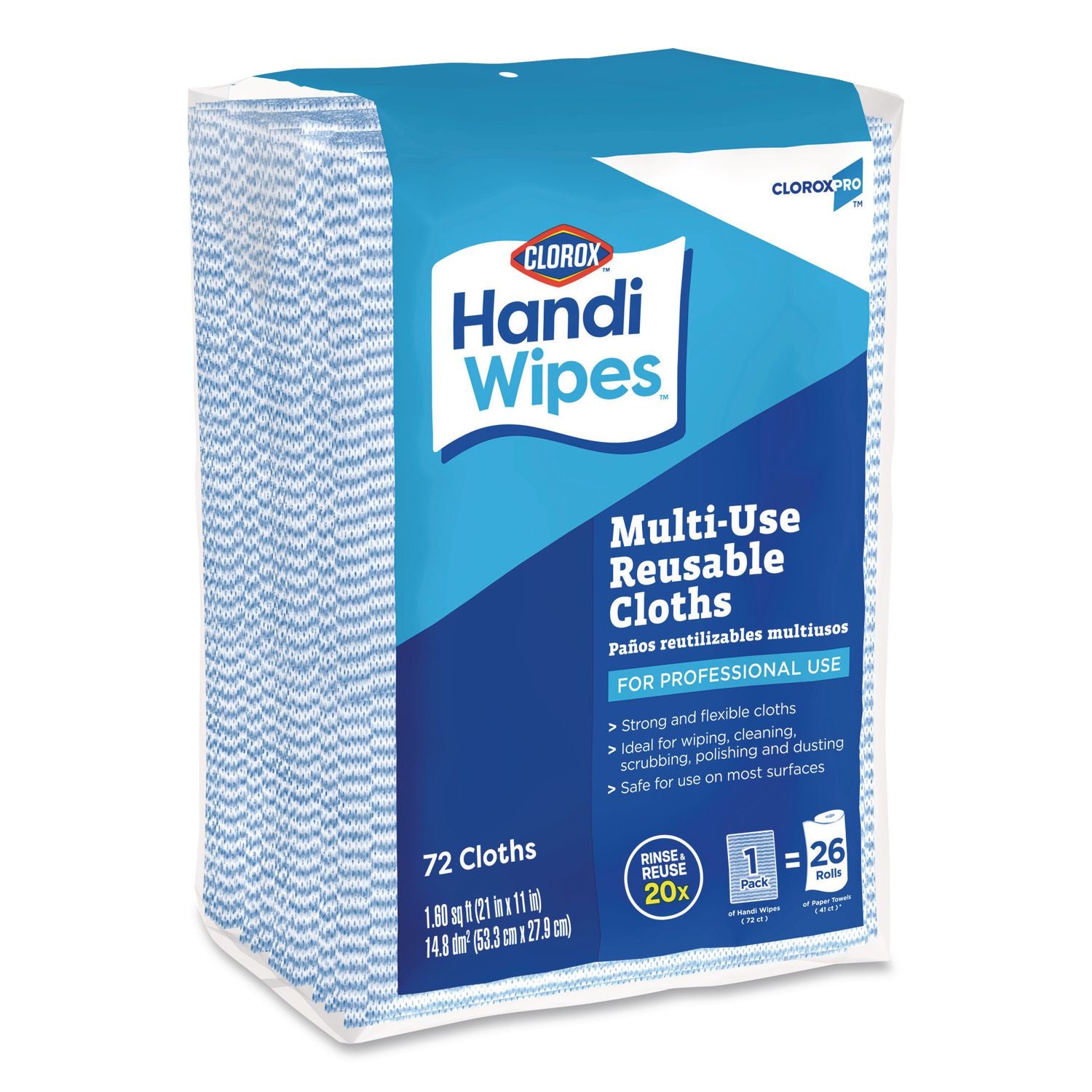Handi Wipes, 1-Ply, 11.25 X 16.88, Unscented, Blue, 72 Wipes/Bag, 8 Bags/Carton