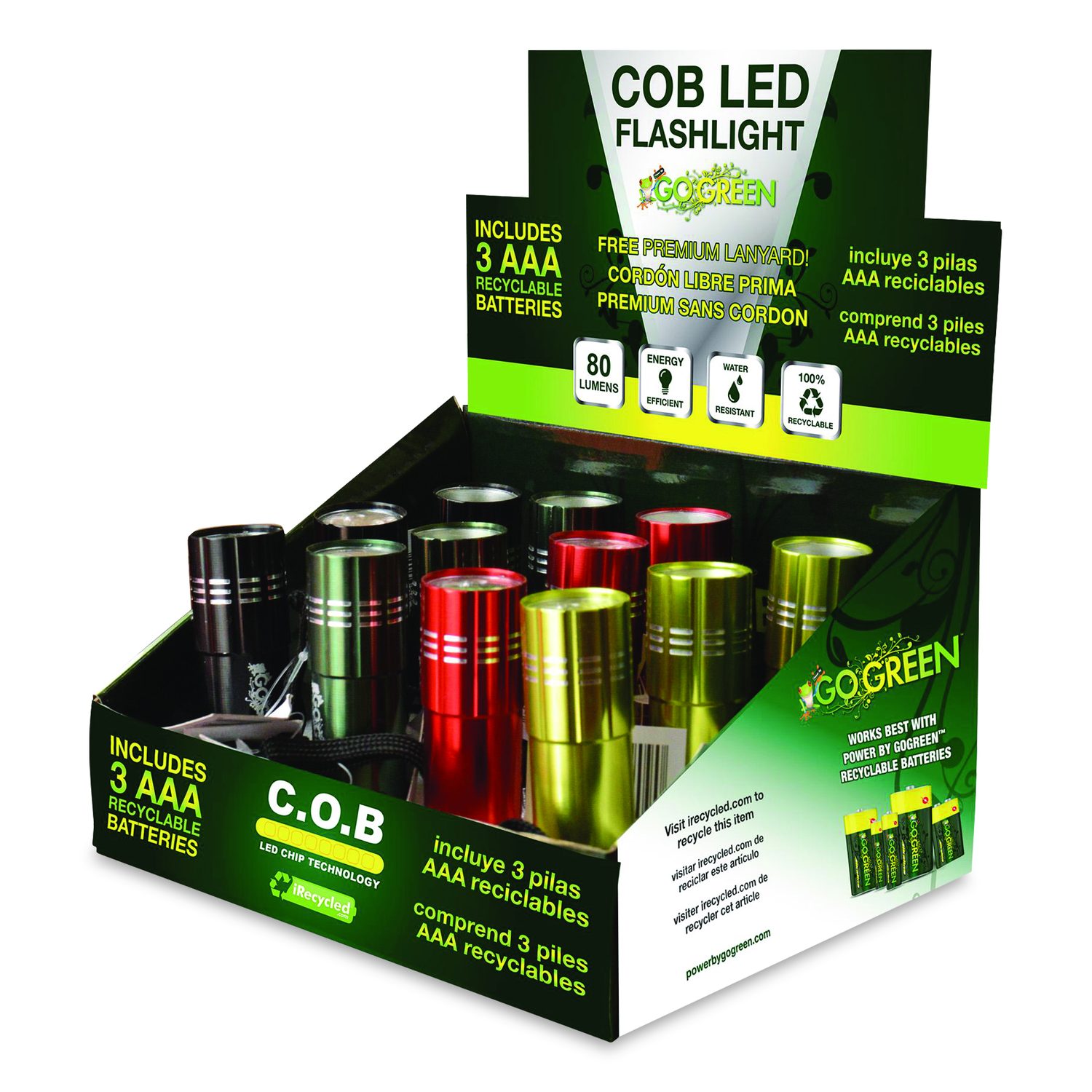 COB LED Flashlights With Display Case, 3 AAA Batteries (Included), Assorted Colors, 12/Pack