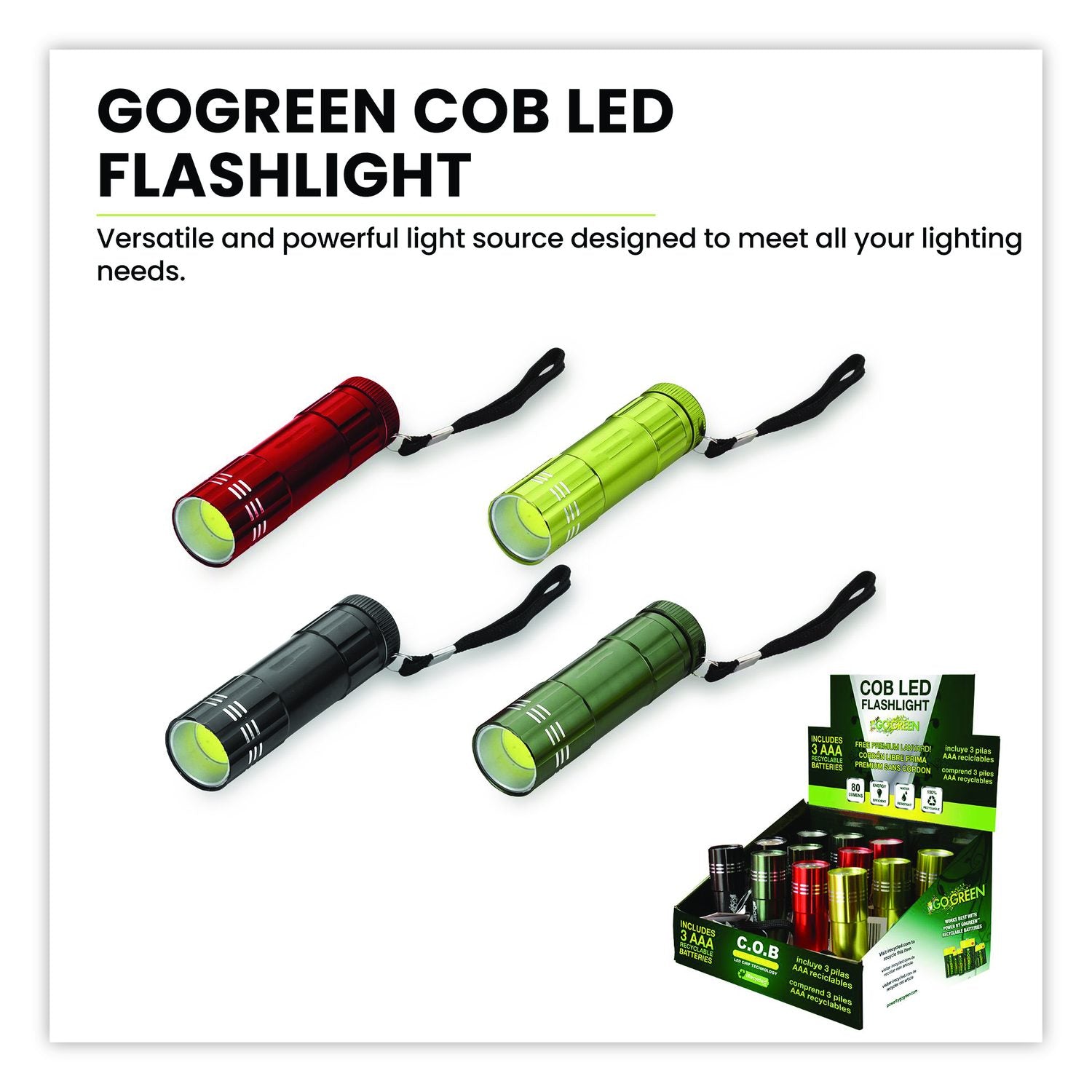 COB LED Flashlights With Display Case, 3 AAA Batteries (Included), Assorted Colors, 12/Pack