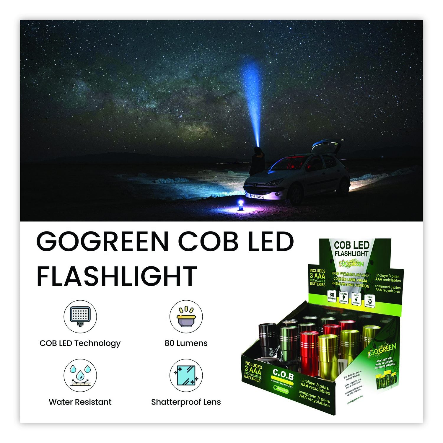 COB LED Flashlights With Display Case, 3 AAA Batteries (Included), Assorted Colors, 12/Pack