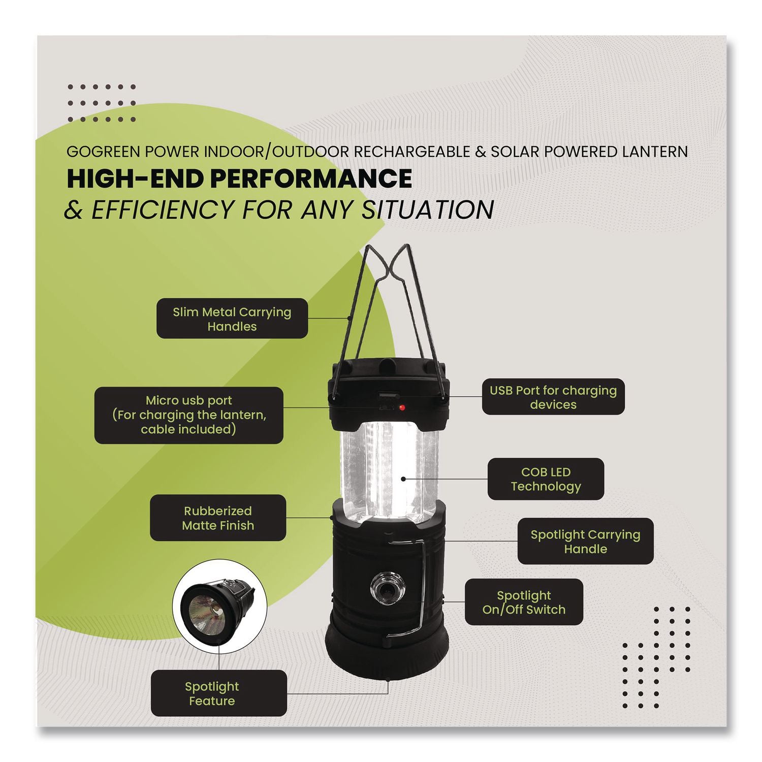 COB LED Solar/Rechargeable Lantern, Lithium Ion Rechargeable Battery (Included), Dark Gray