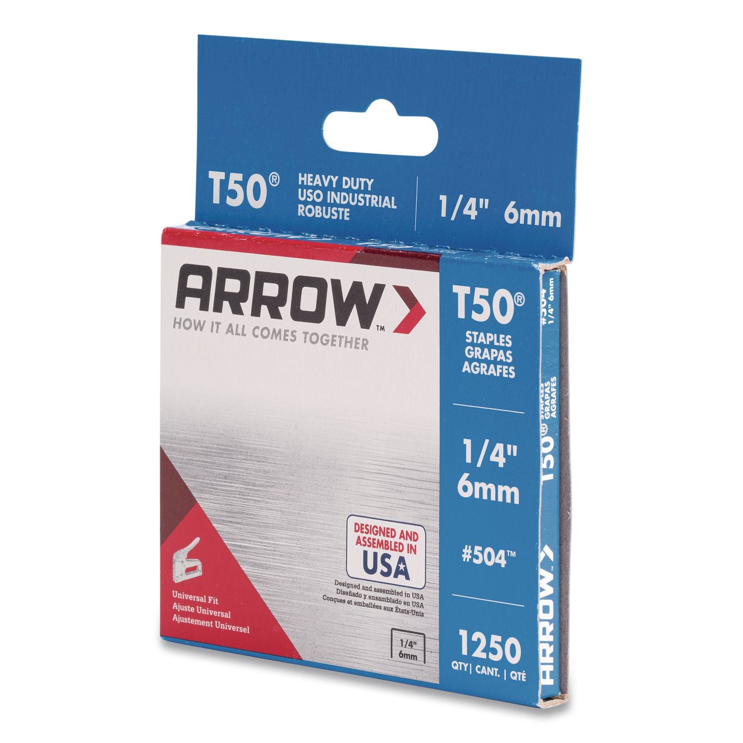 T50 Heavy Duty Staples, 0.25" Leg, 0.38" Crown, Silver, 1, 250/Box