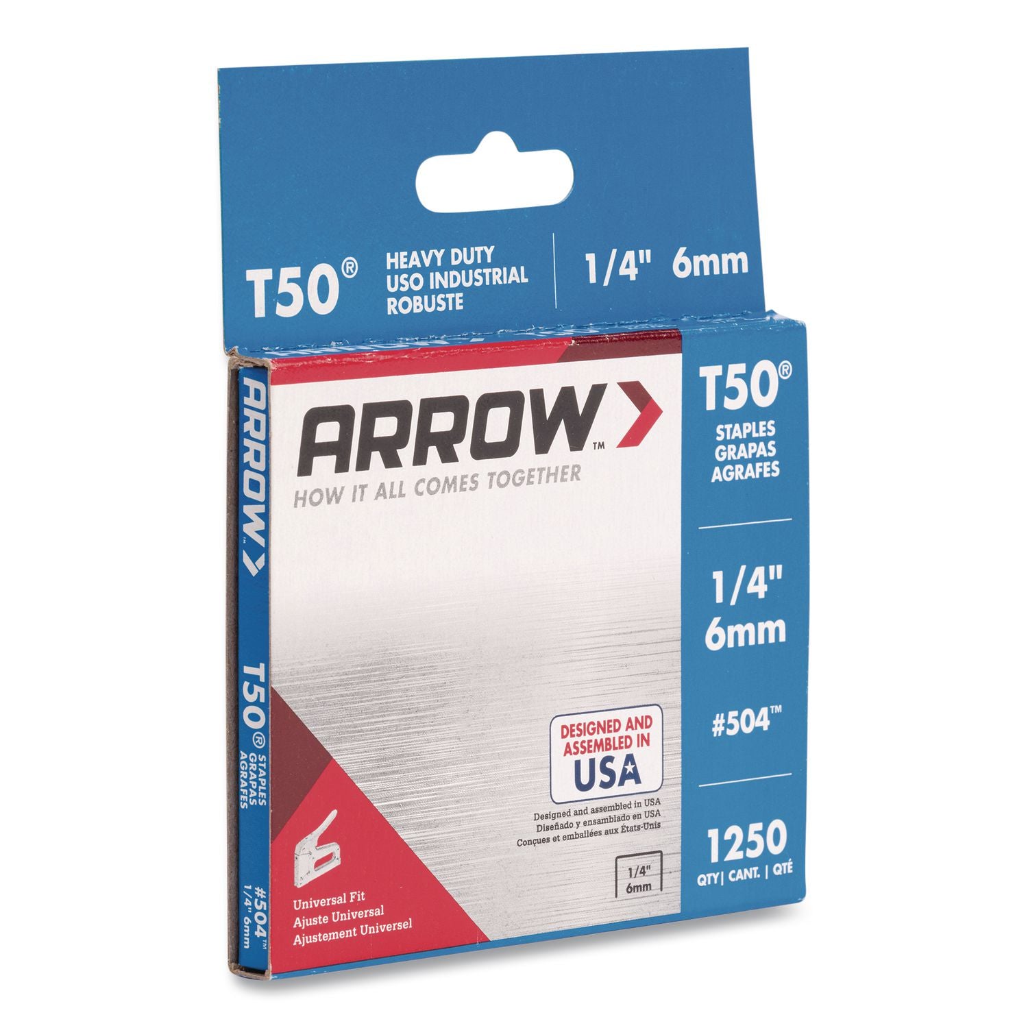 T50 Heavy Duty Staples, 0.25" Leg, 0.38" Crown, Silver, 1, 250/Box