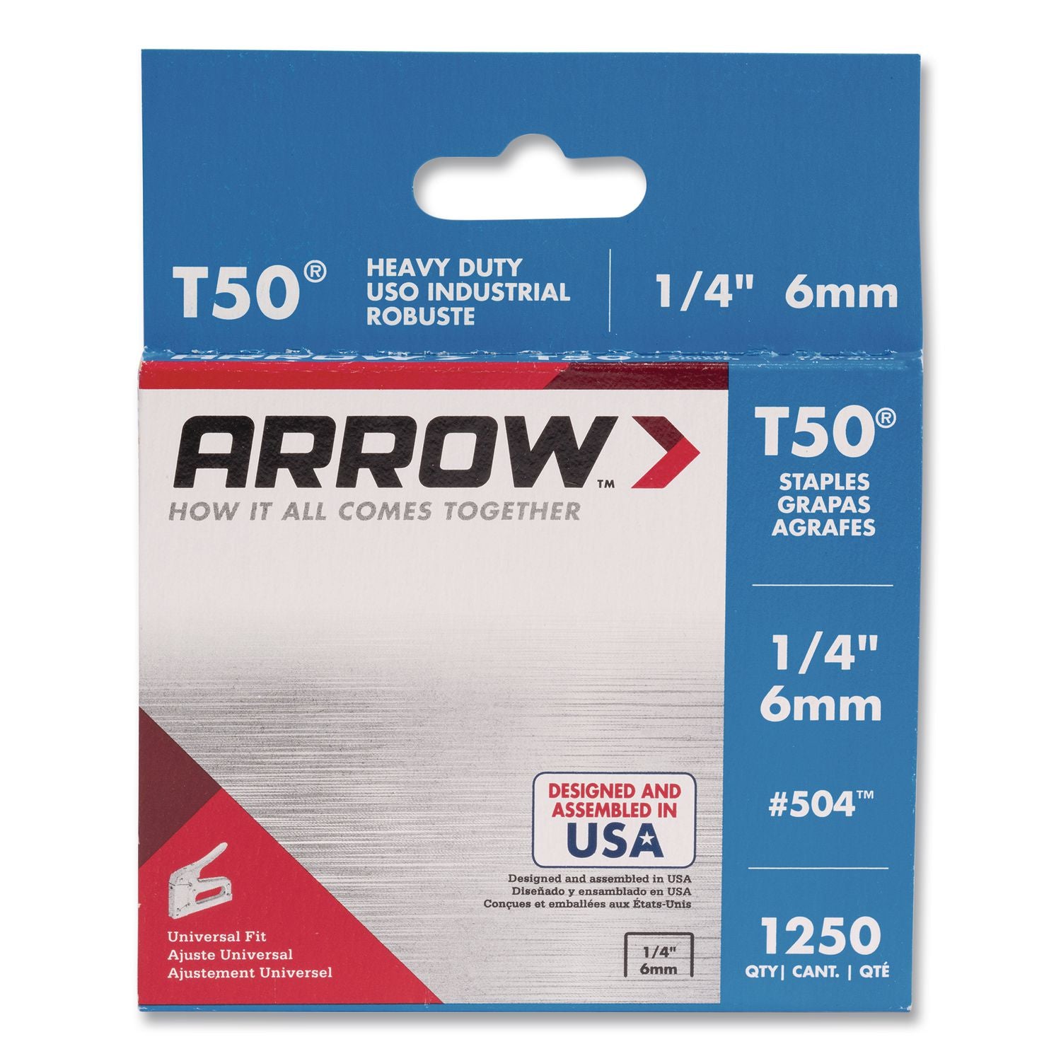 T50 Heavy Duty Staples, 0.25" Leg, 0.38" Crown, Silver, 1, 250/Box
