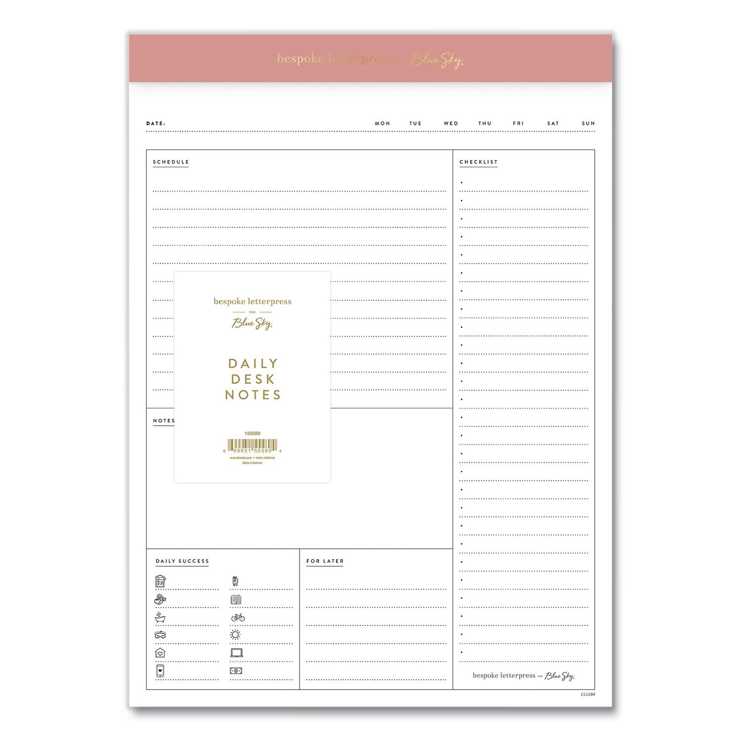 Bespoke Letterpress Daily Desk Notes Planner Pad, 7 X 9, Camellia Pink Headband, Undated