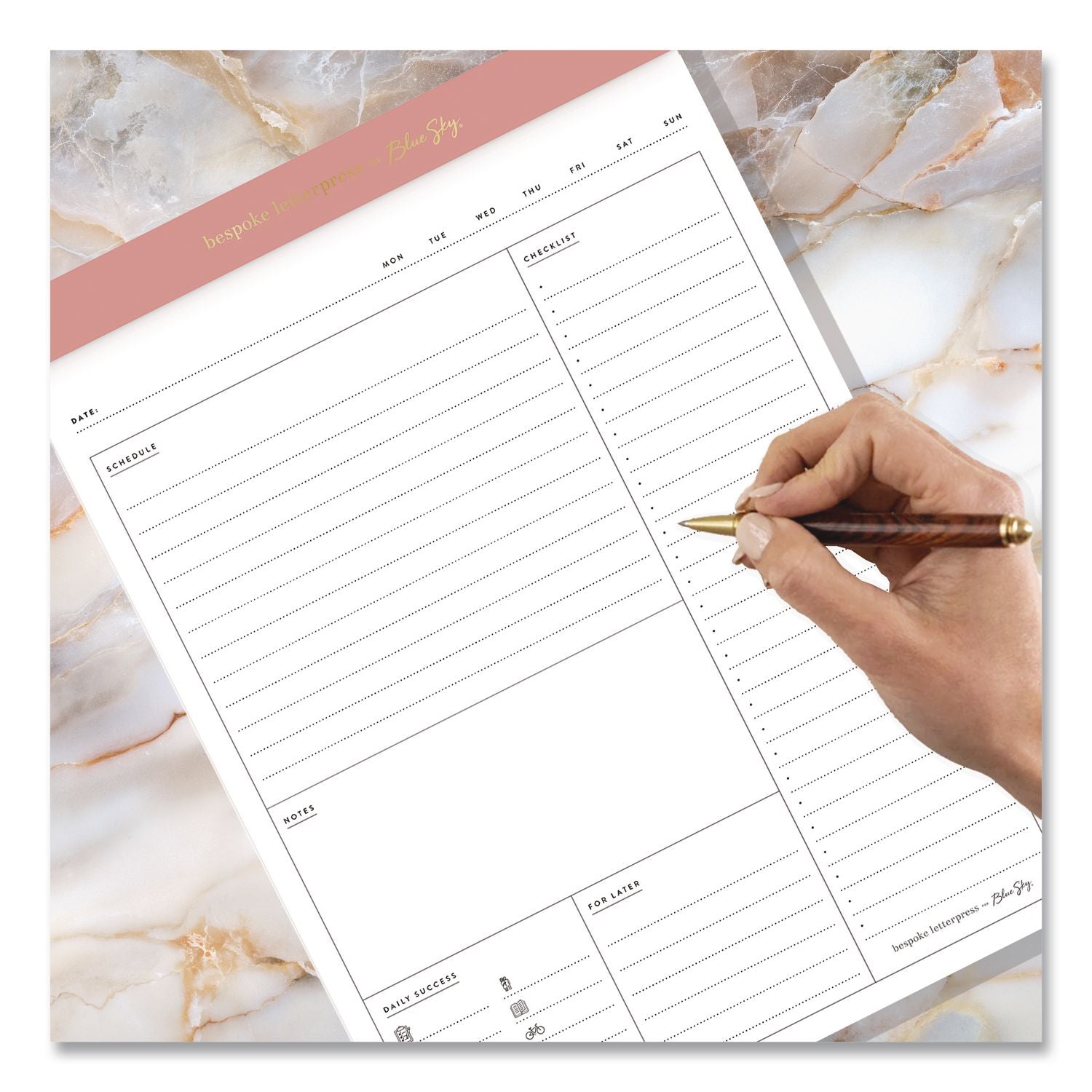 Bespoke Letterpress Daily Desk Notes Planner Pad, 7 X 9, Camellia Pink Headband, Undated