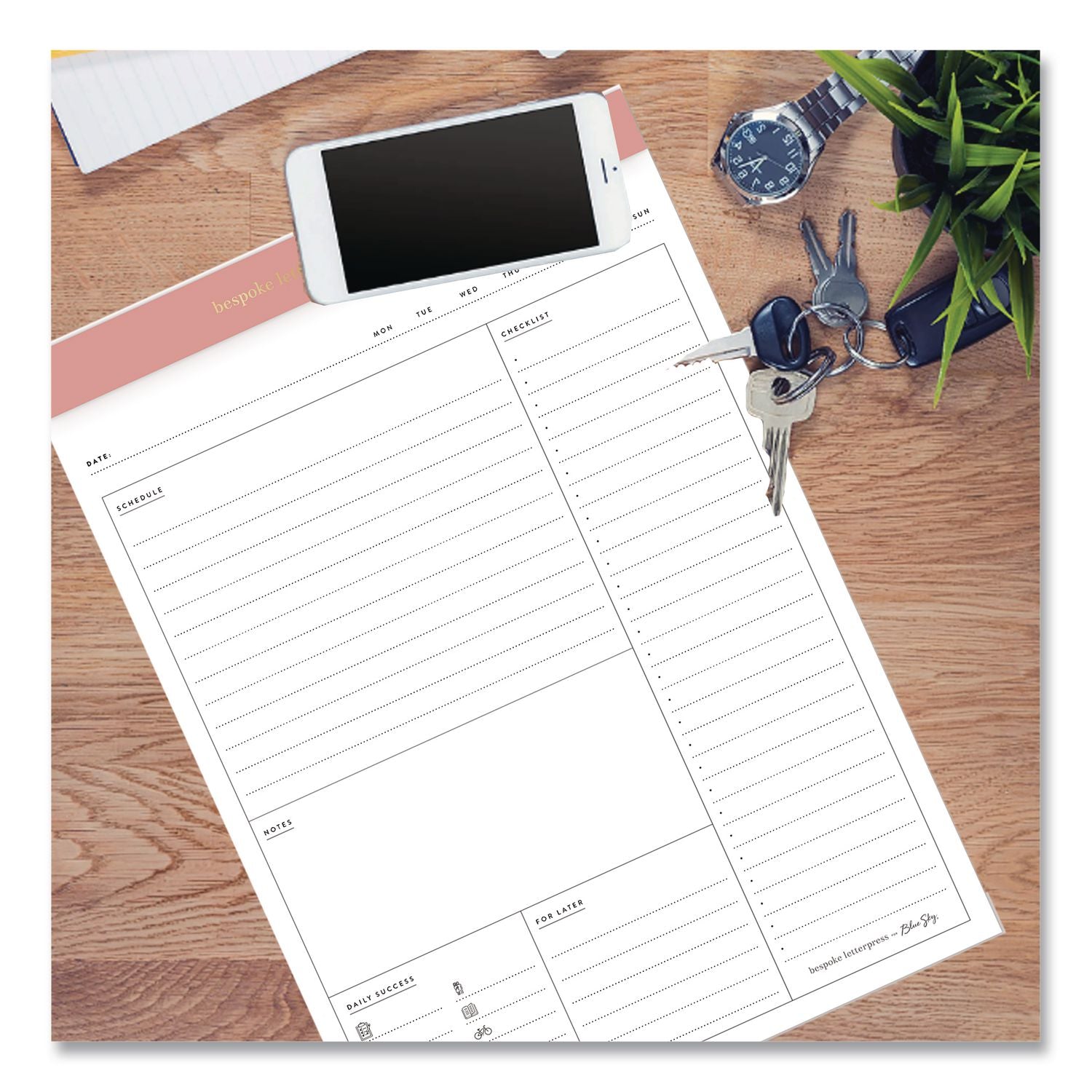 Bespoke Letterpress Daily Desk Notes Planner Pad, 7 X 9, Camellia Pink Headband, Undated