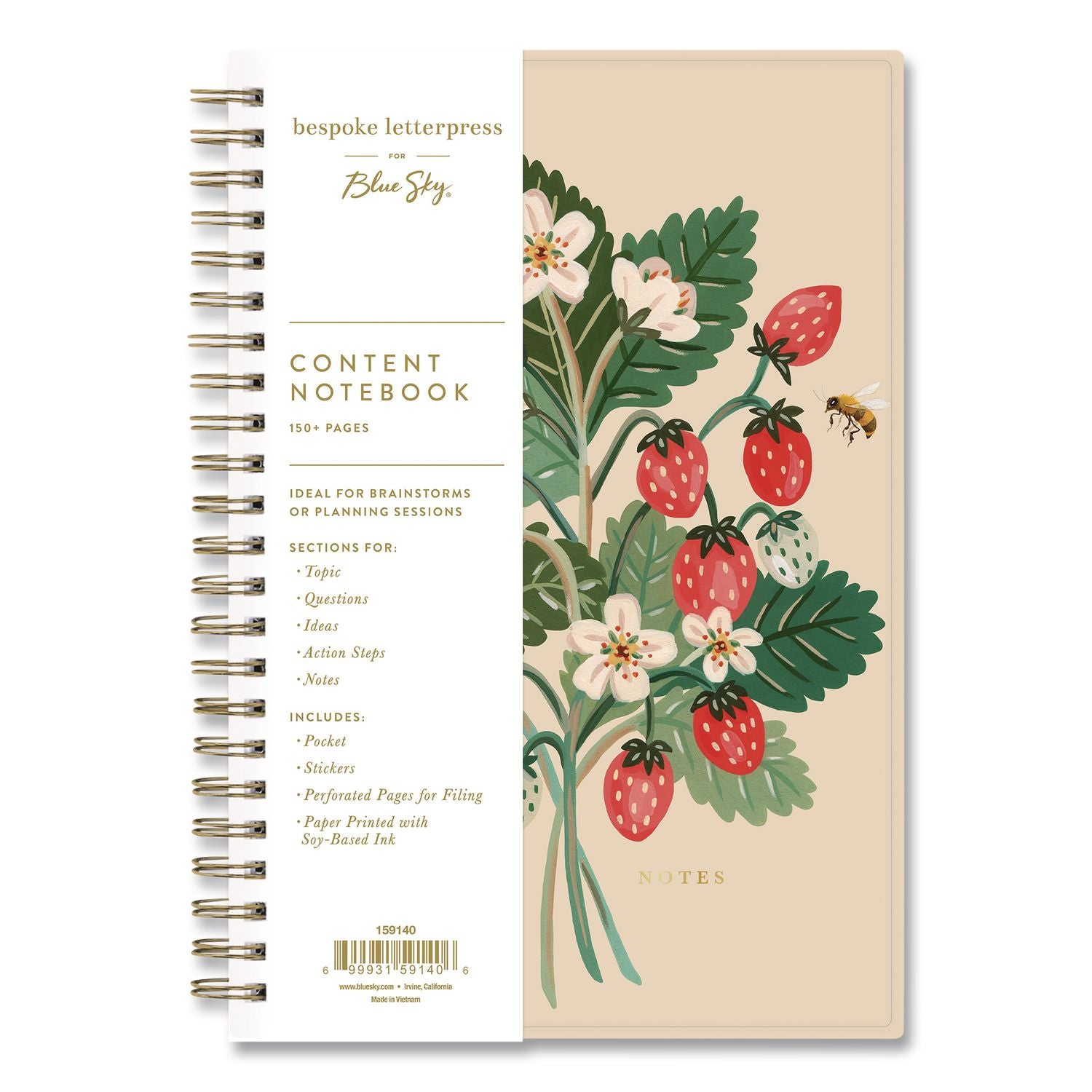 Blue Sky Bespoke Letterpress Content Notebook, Strawberry And Bee Cover, (150) 8 X 5 Sheets