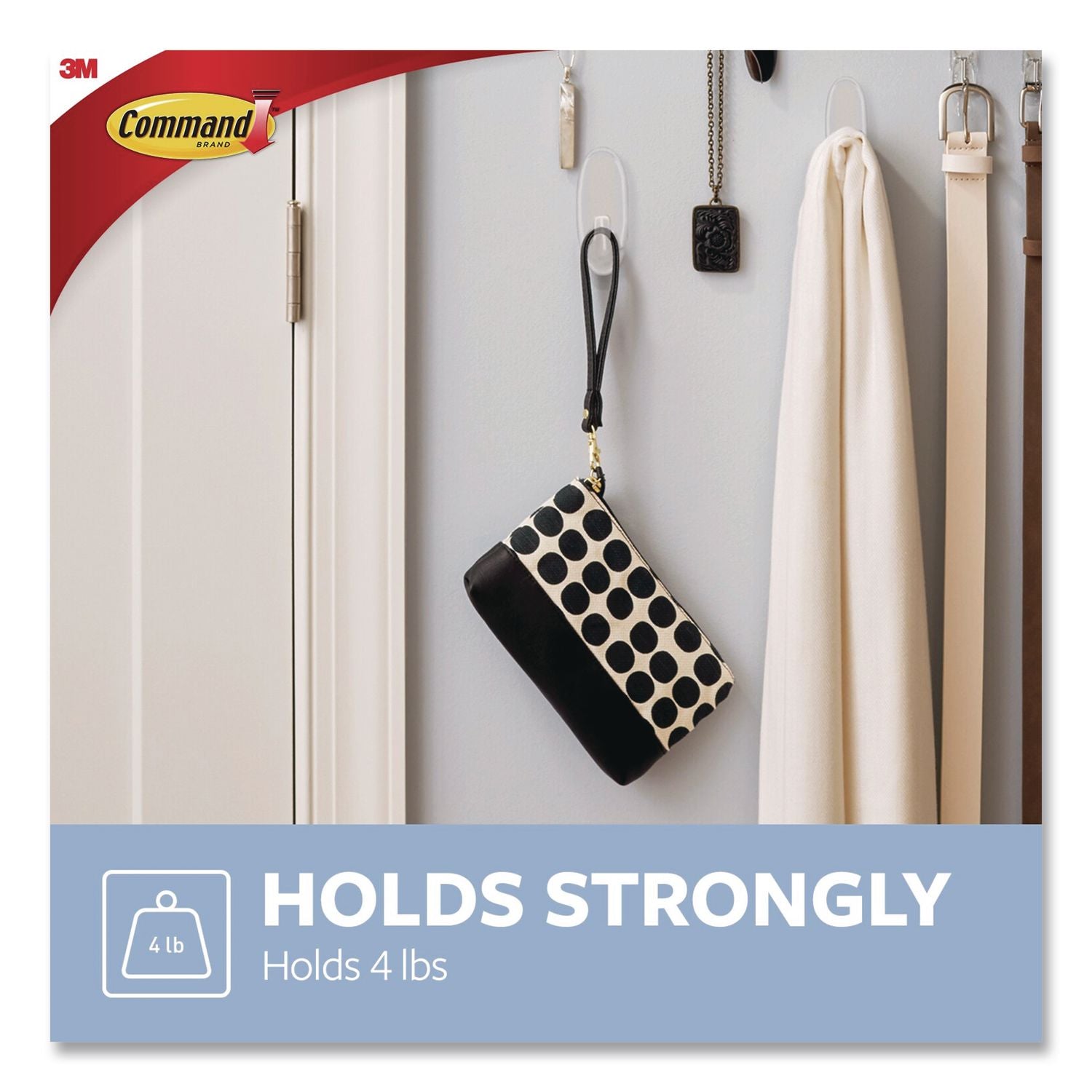 Large Utility Hook, Plastic, Clear, Supports 4 Lb, 3 Hooks And 6 Strips/Pack