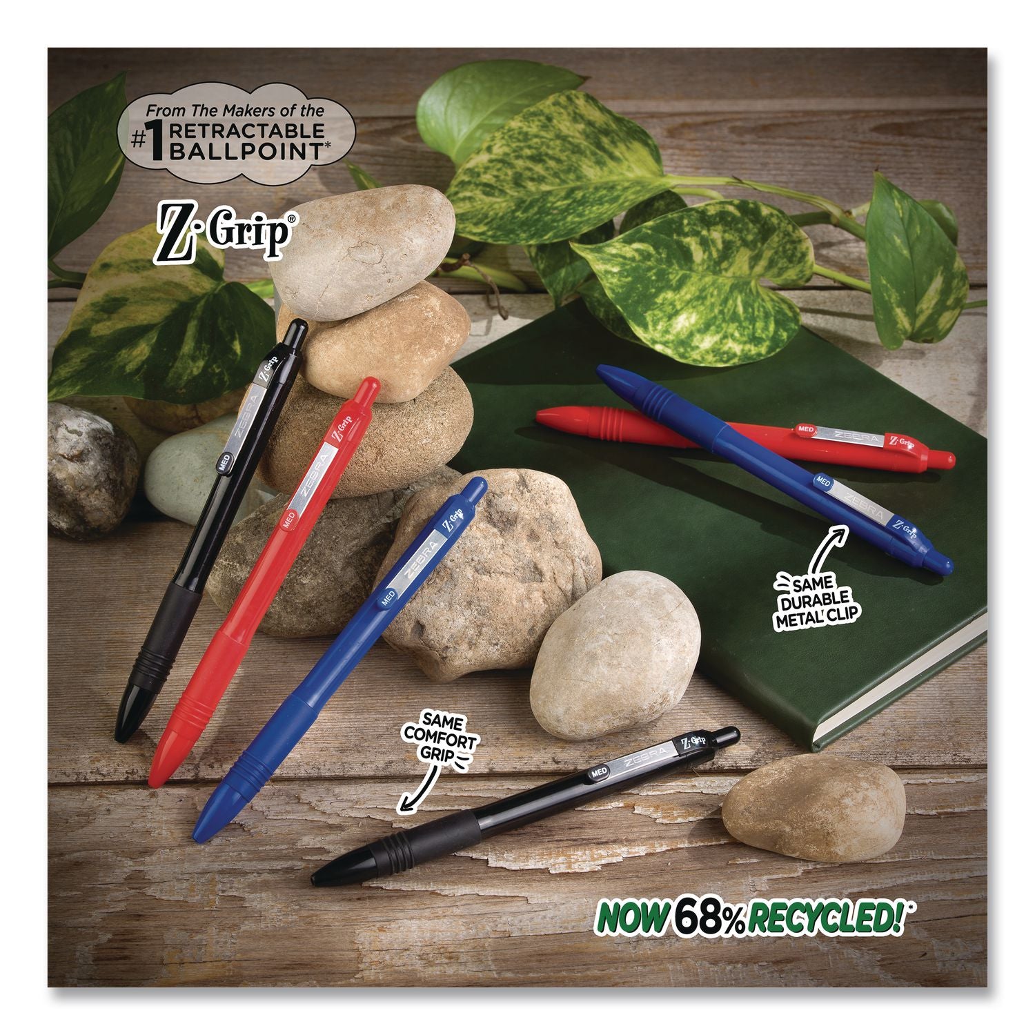 Z-Grip Ballpoint Pen With Recycled Material, Retractable, Medium 1 Mm, Assorted Ink And Barrel Colors, 24/Pack