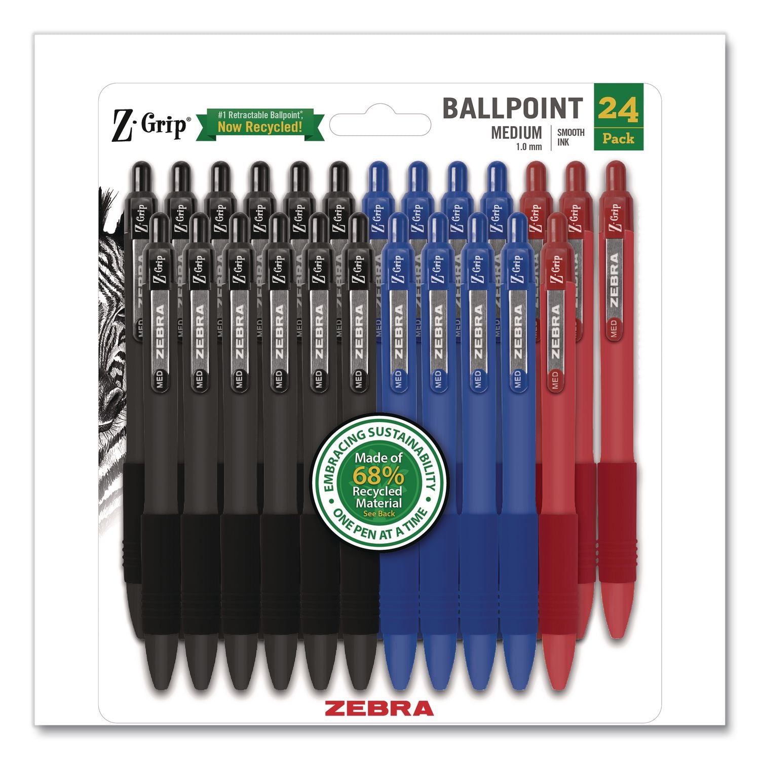 Z-Grip Ballpoint Pen With Recycled Material, Retractable, Medium 1 Mm, Assorted Ink And Barrel Colors, 24/Pack