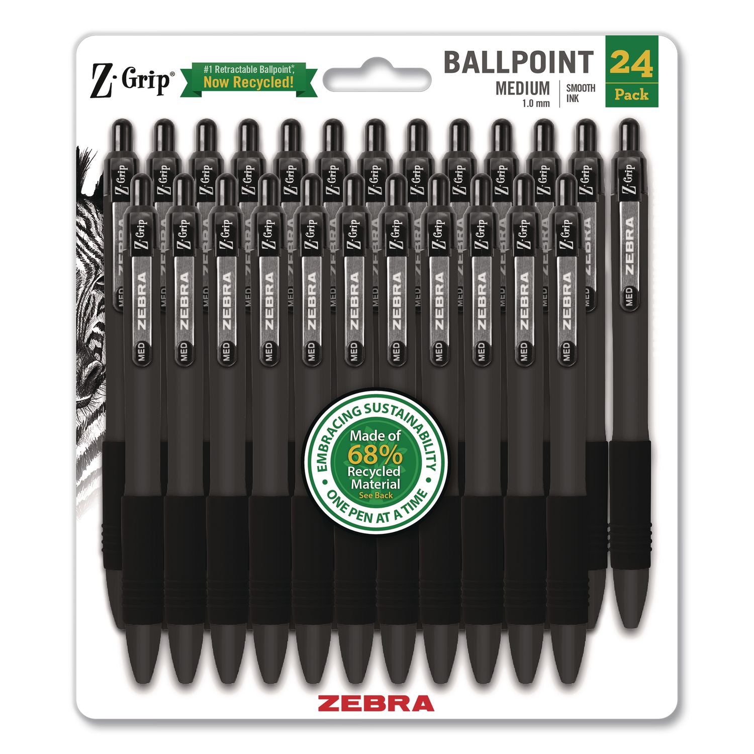 Z-Grip Ballpoint Pen, Retractable, Medium 1 Mm, Black Ink And Barrel, 24/Pack
