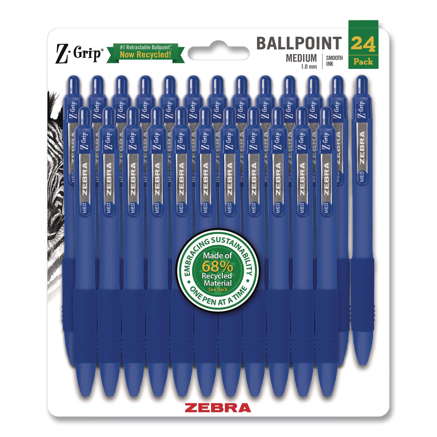 Z-Grip Ballpoint Pen, Retractable, Medium 1 Mm, Blue Ink And Barrel, 24/Pack