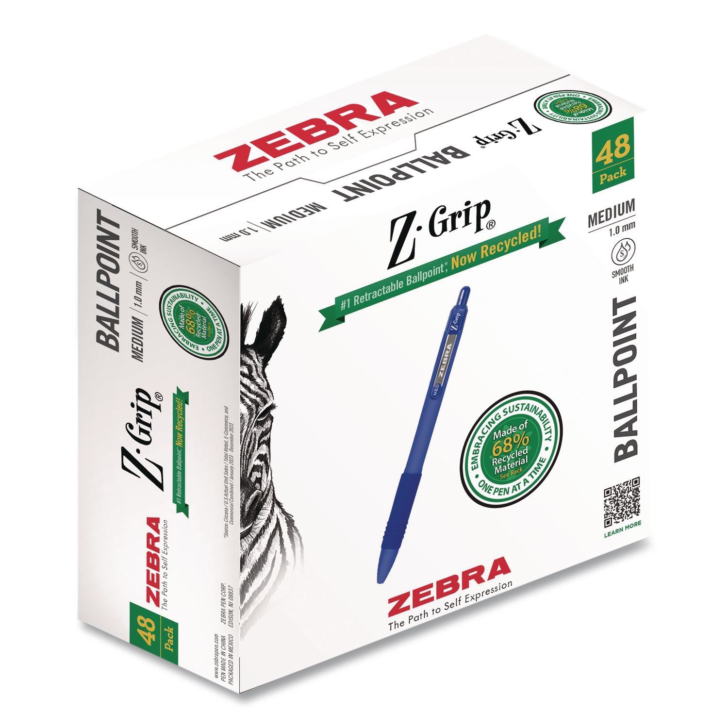 Z-Grip Ballpoint Pen, Retractable, Medium 1 Mm, Blue Ink And Barrel, 48/Pack