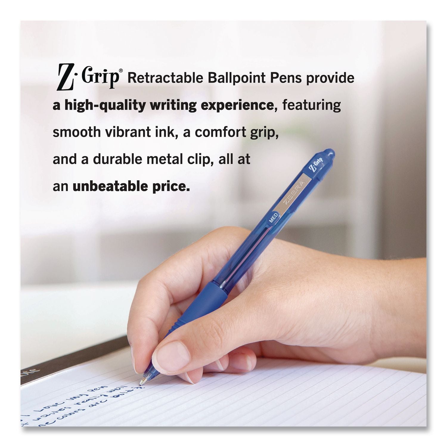 Z-Grip Ballpoint Pen, Retractable, Medium 1 Mm, Blue Ink, Transparent Blue Barrel, 96/Pack