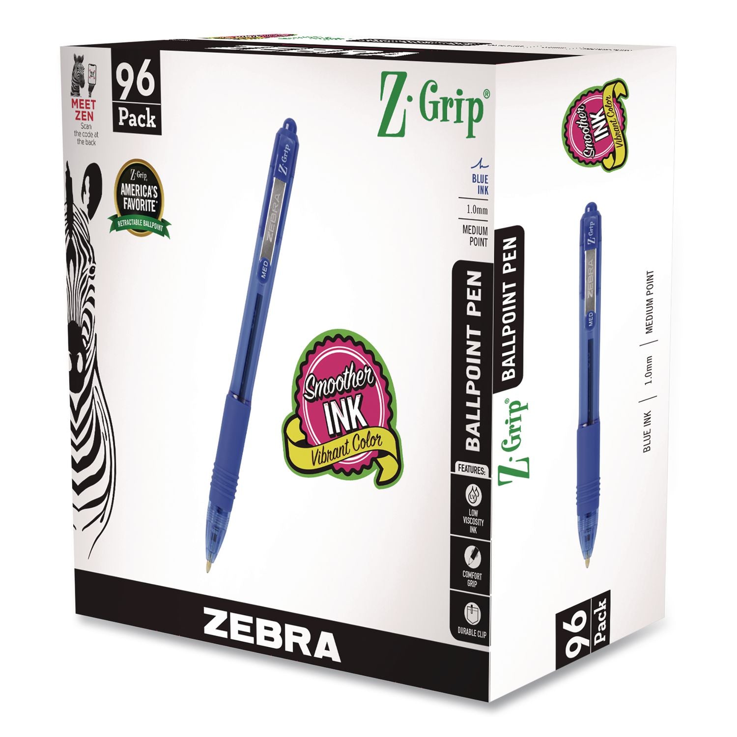 Z-Grip Ballpoint Pen, Retractable, Medium 1 Mm, Blue Ink, Transparent Blue Barrel, 96/Pack