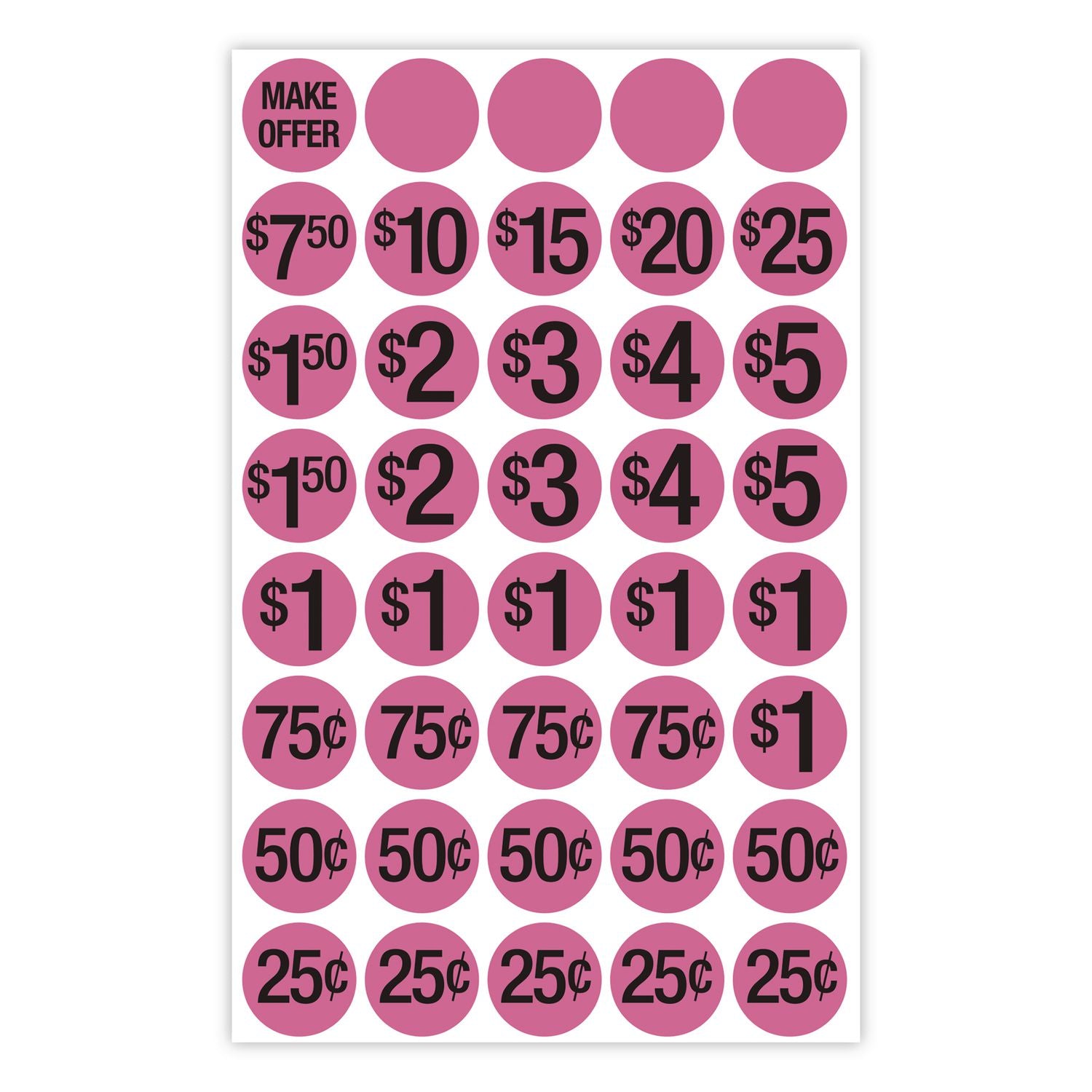 Pre-Printed Pricing Stickers, 0.75" Diameter, Assorted, Pink, 1, 000/Pack