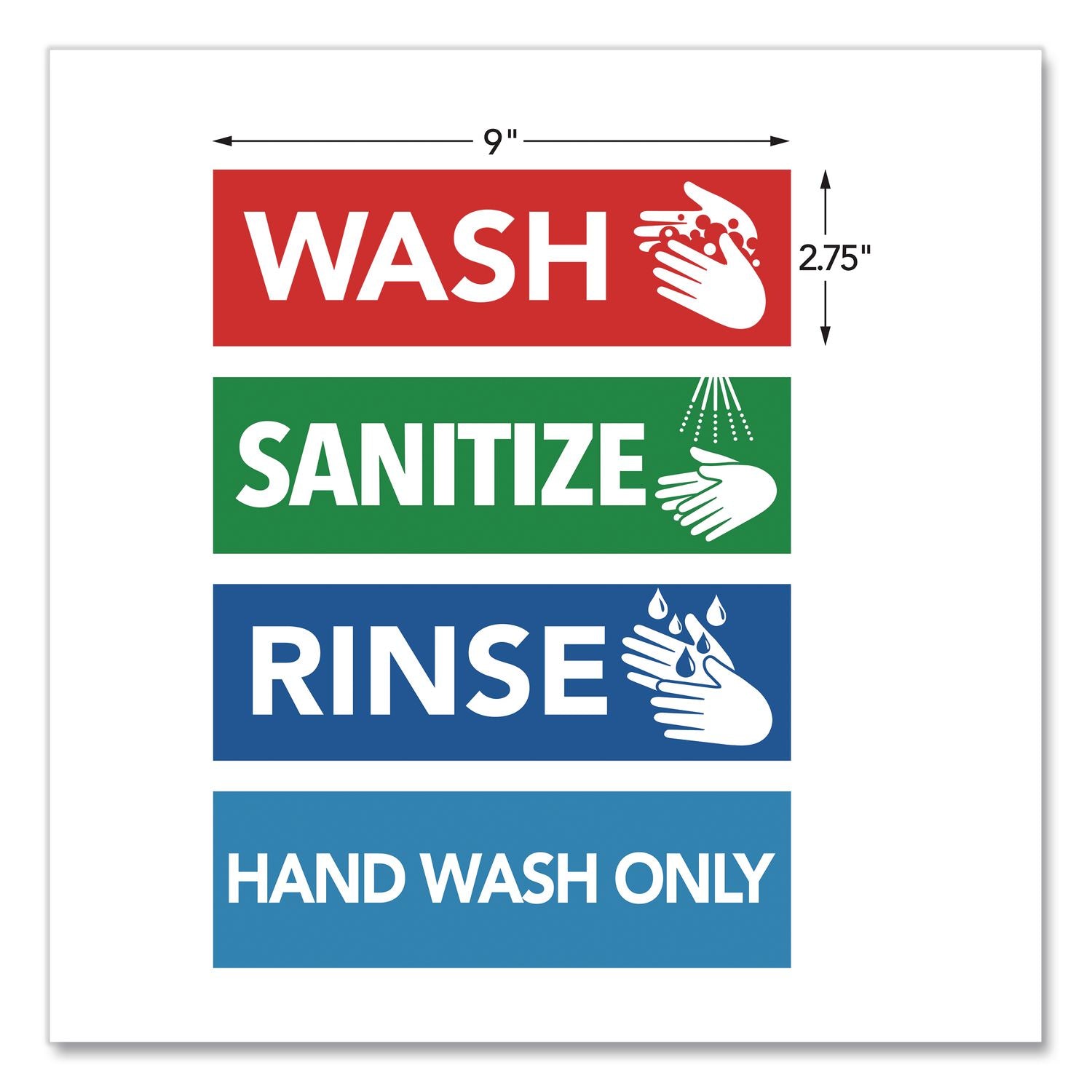 Wash, Rinse, Sanitize, Hand Wash Only Decals, 2.75 X 9", Assorted Colors, 4/Pack