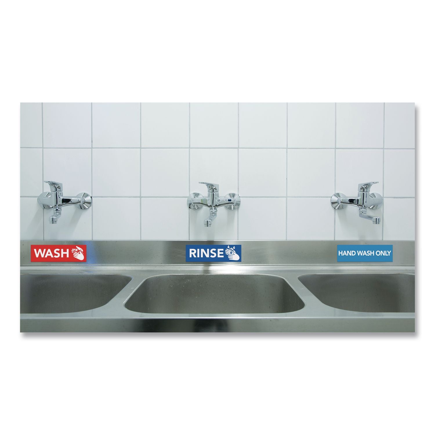 Wash, Rinse, Sanitize, Hand Wash Only Decals, 2.75 X 9", Assorted Colors, 4/Pack