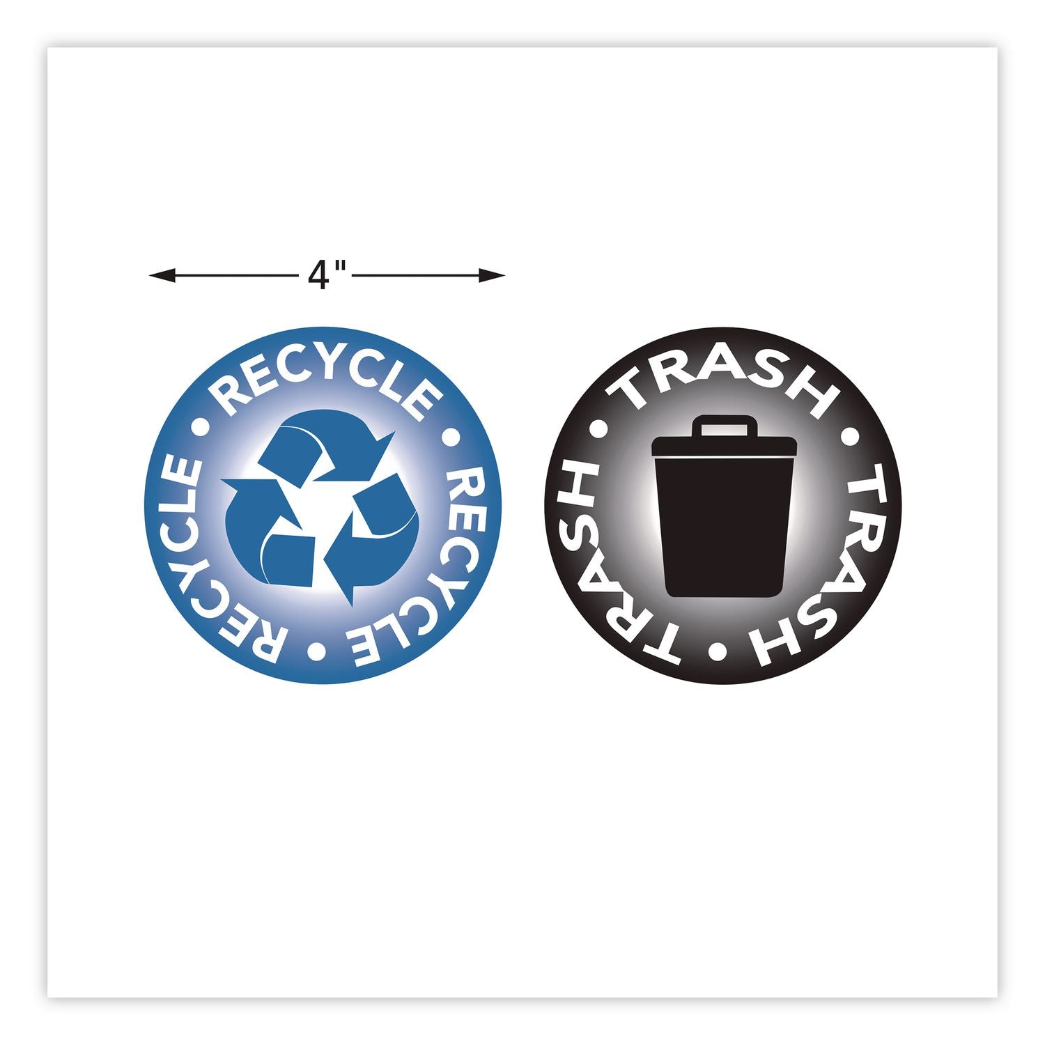 RECYCLE And TRASH Decals, 4" Diameter, Black/Blue, 2/Pack
