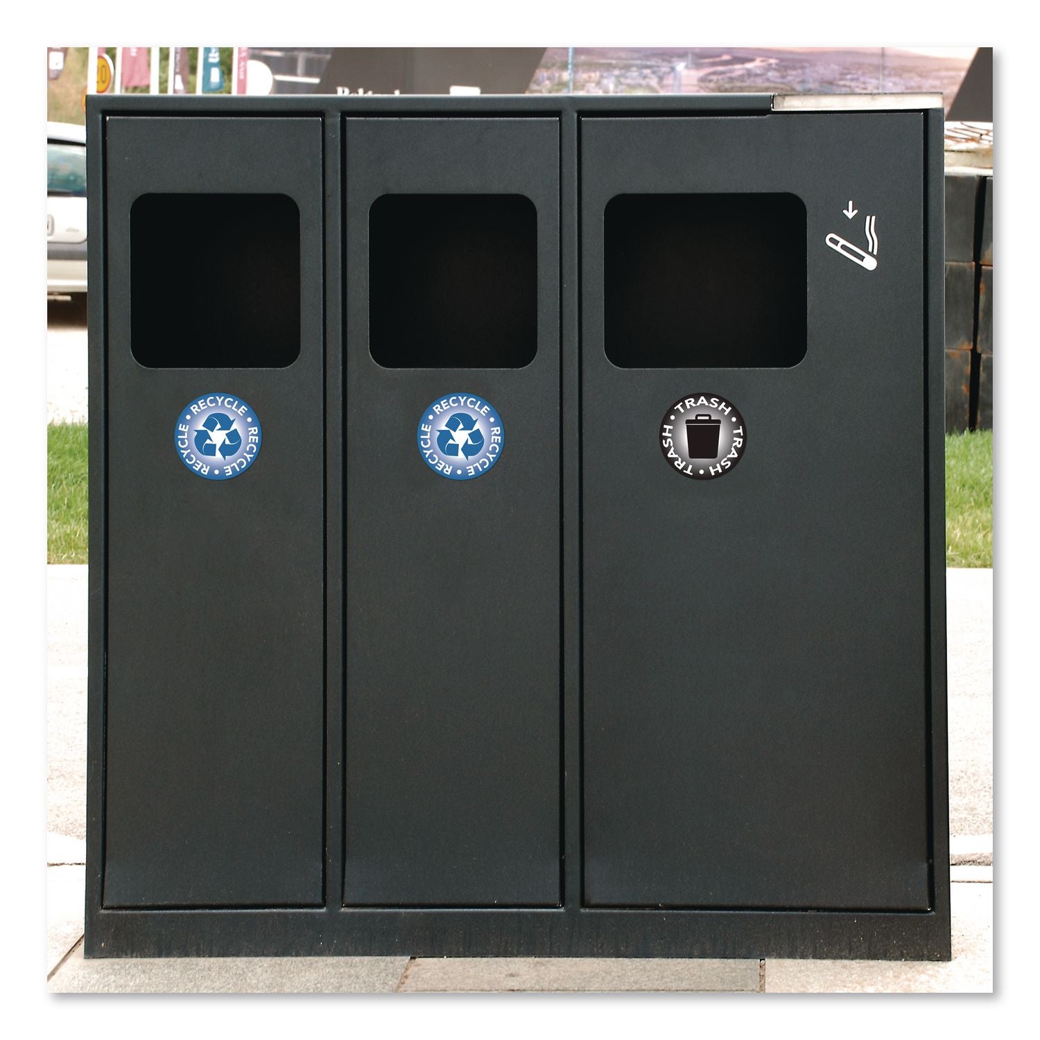 RECYCLE And TRASH Decals, 4" Diameter, Black/Blue, 2/Pack