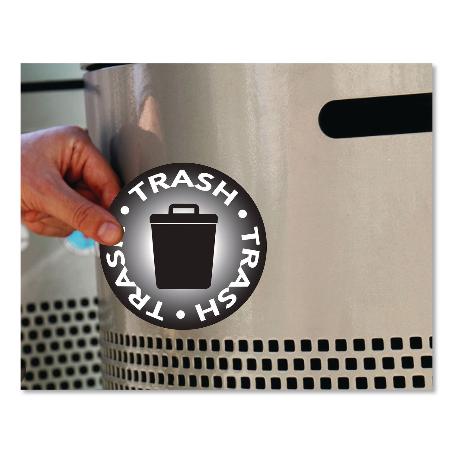 RECYCLE And TRASH Decals, 4" Diameter, Black/Blue, 2/Pack
