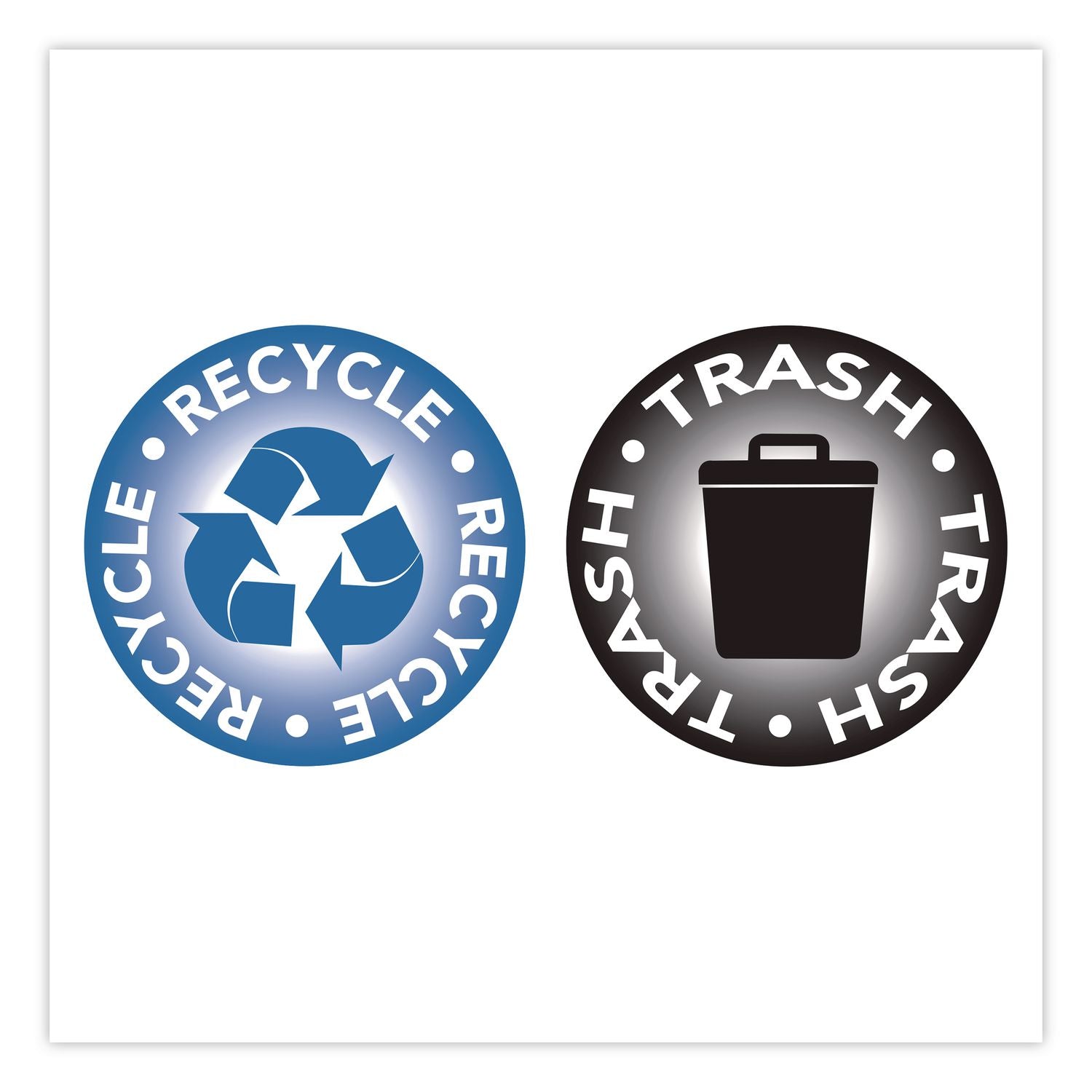 RECYCLE And TRASH Decals, 4" Diameter, Black/Blue, 2/Pack