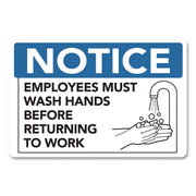 Notice Employees Must Wash Hands Before Returning To Work Sign, 9 X 6, Blue/White Face, Black Graphics