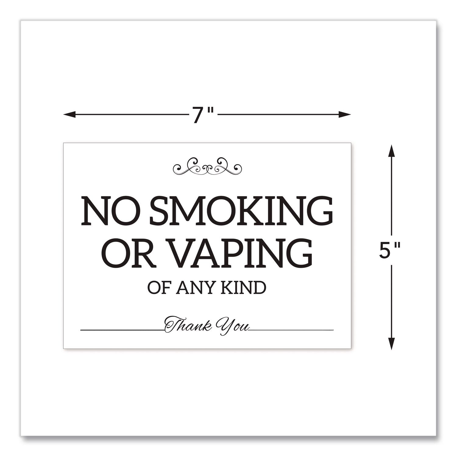 No Smoking No Vaping Indoor Spa Style Sign, 7 X 5 White Face, Black Graphics