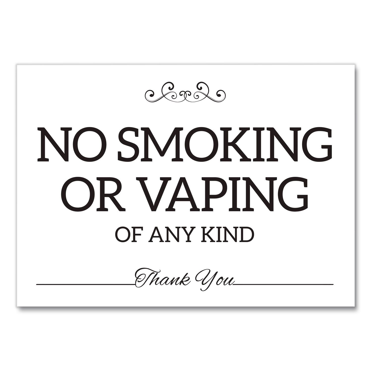 No Smoking No Vaping Indoor Spa Style Sign, 7 X 5 White Face, Black Graphics