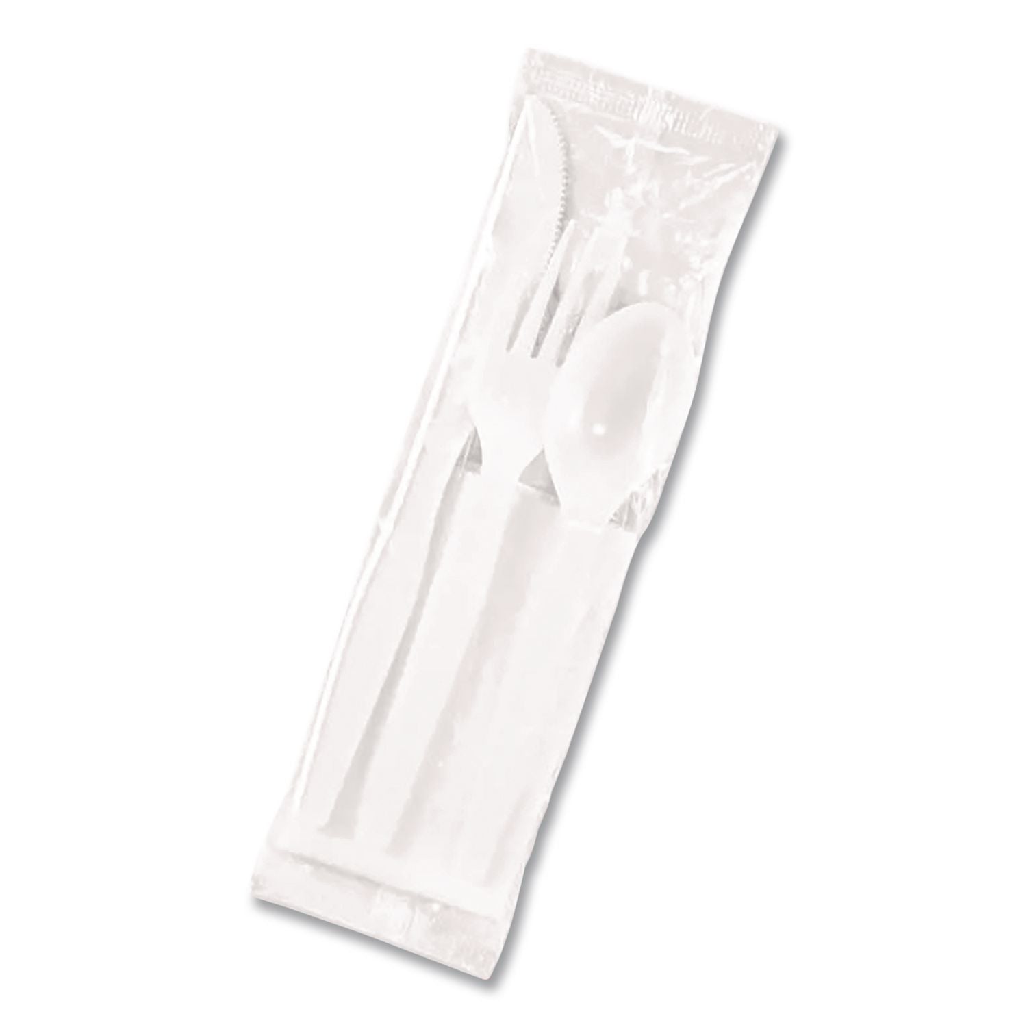 Individually Wrapped Mediumweight Polystyrene Cutlery, Fork/Knife/Teaspoon/Napkin, Plastic, White, 250/Carton